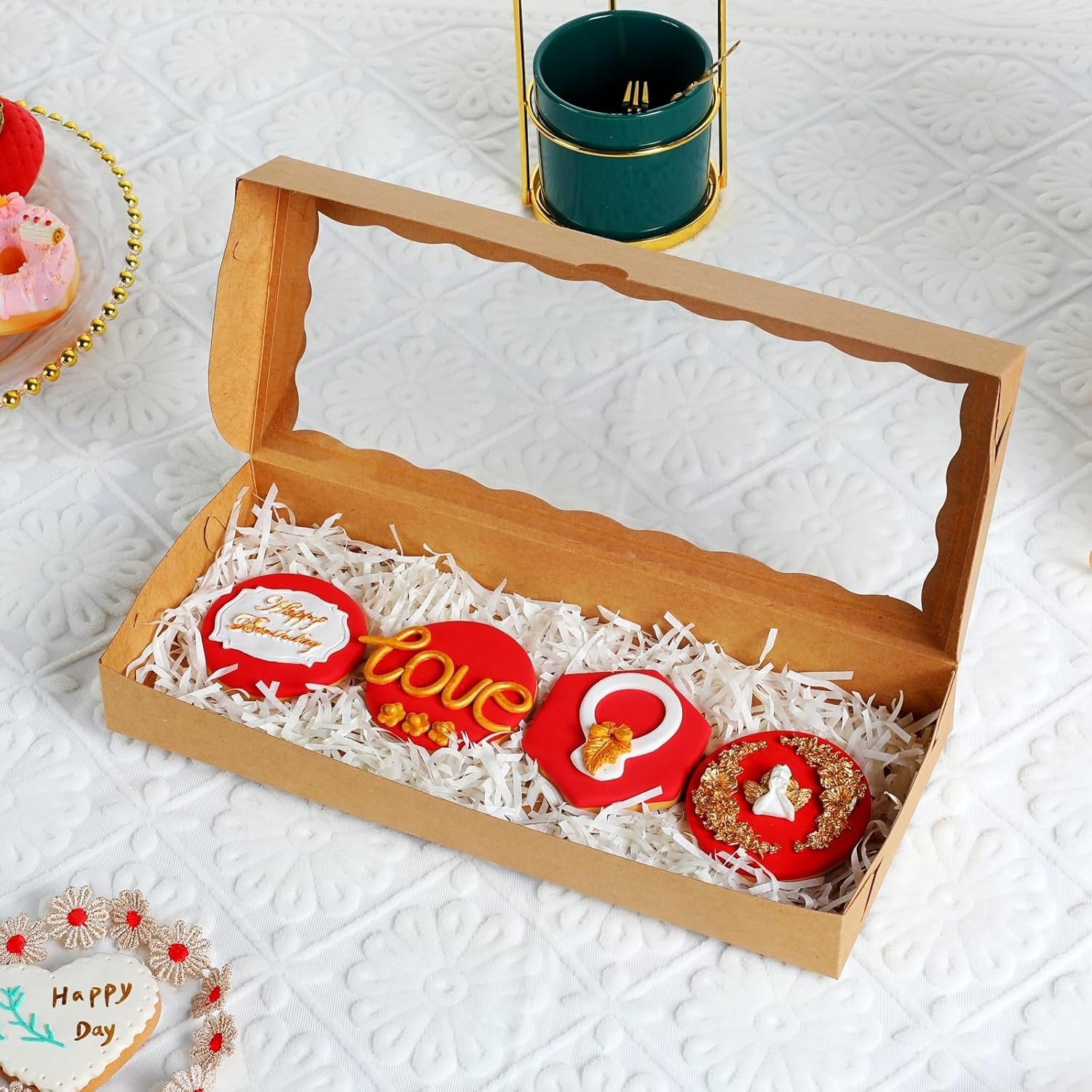 Cajas de galletas con ventana de 50PCS 12x5x1.5 pulgadas, cajas de macarrones, cajas de chocolates trufas y cajas de donas para Navidad, Día de San Valentín, Pascua y Día de la Madre, Marca Blanca, Proveedor.