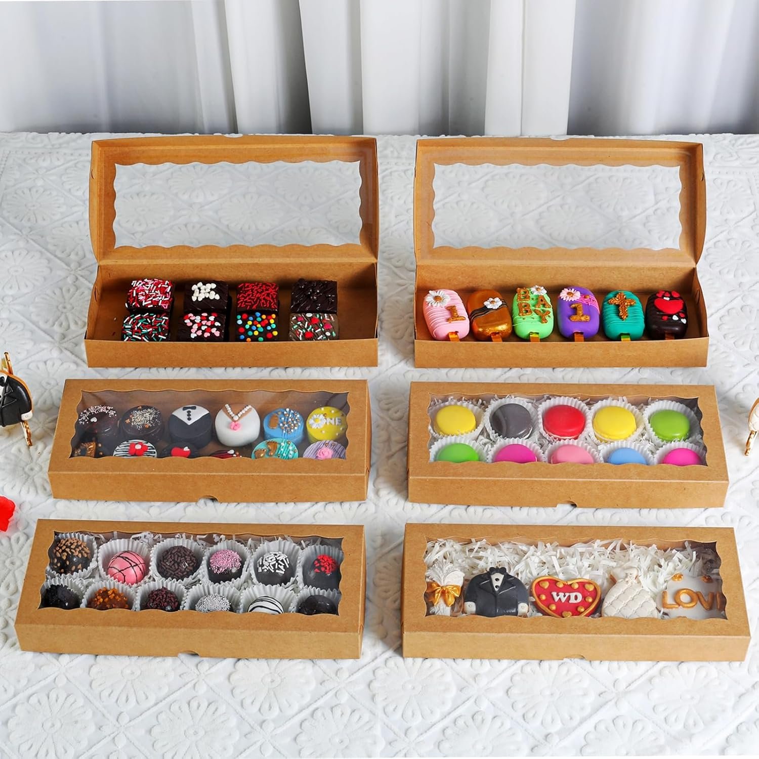 Cajas de galletas con ventana de 50PCS 12x5x1.5 pulgadas, cajas de macarrones, cajas de chocolates trufas y cajas de donas para Navidad, Día de San Valentín, Pascua y Día de la Madre, Marca Blanca, Proveedor.