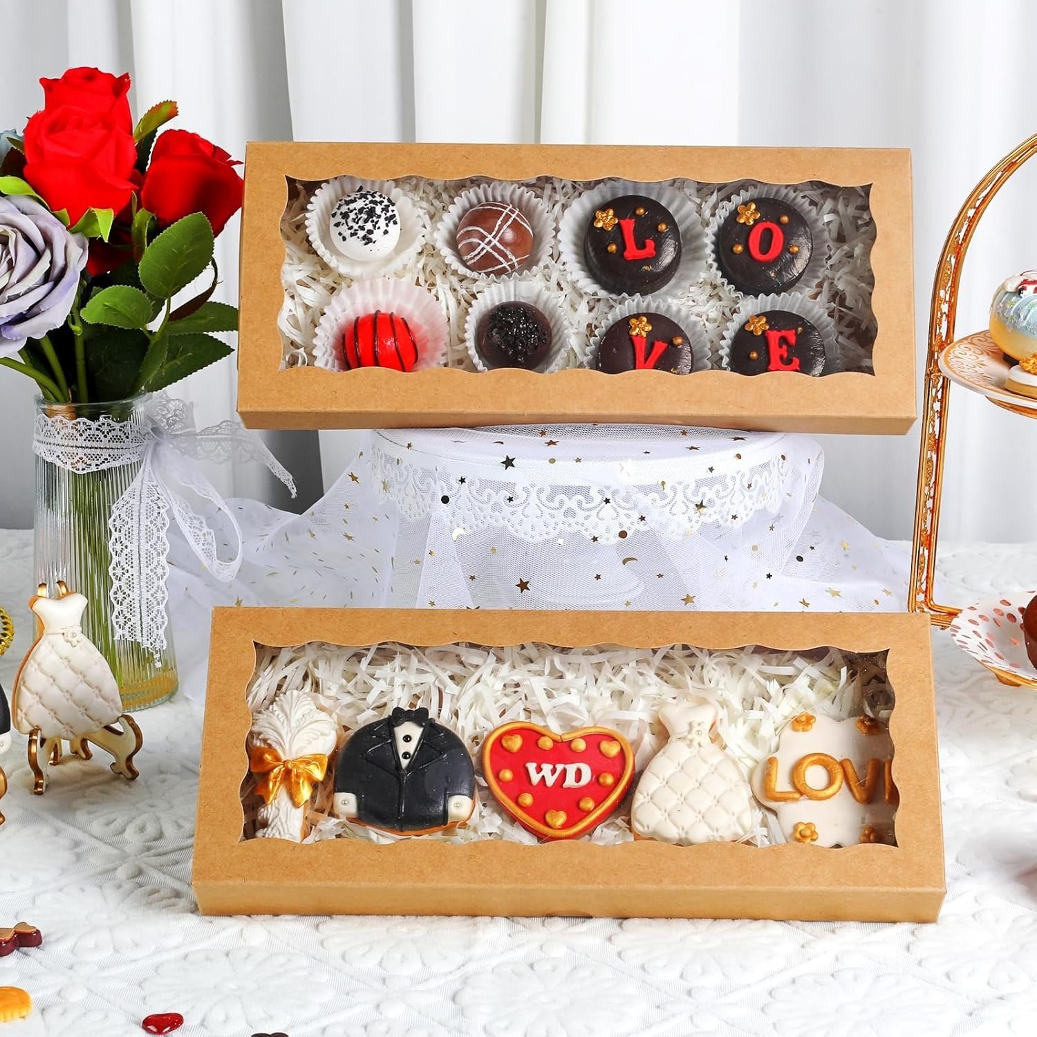 Cajas de galletas con ventana de 50PCS 12x5x1.5 pulgadas, cajas de macarrones, cajas de chocolates trufas y cajas de donas para Navidad, Día de San Valentín, Pascua y Día de la Madre, Marca Blanca, Proveedor.