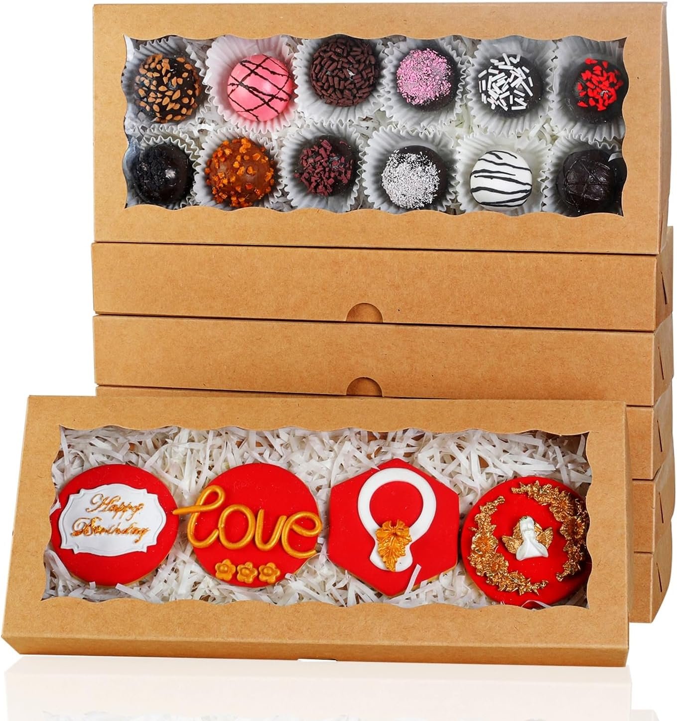 Cajas de galletas con ventana de 50PCS 12x5x1.5 pulgadas, cajas de macarrones, cajas de chocolates trufas y cajas de donas para Navidad, Día de San Valentín, Pascua y Día de la Madre, Marca Blanca, Proveedor.