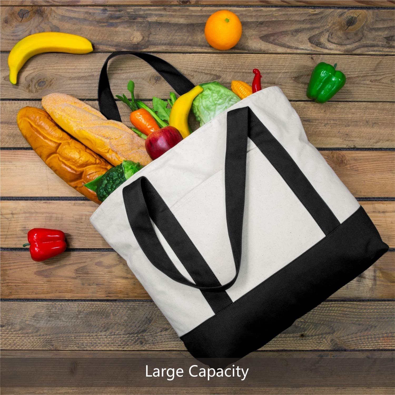 Logo Personalizado Bolsa de Tela Reutilizable con Cierre Superior y Bolsillo Externo para Compras Diarias, Marca Blanca, Pack de 1 (Negro/Natural) - Proveedor de Productos Ecológicos. Logo Personalizado Bolsa de Tela Reutilizable con Cierre Superior y Bolsillo Externo para Compras Diarias, Marca Blanca, Pack de 1 (Negro/Natural) - Proveedor de Productos Ecológicos.