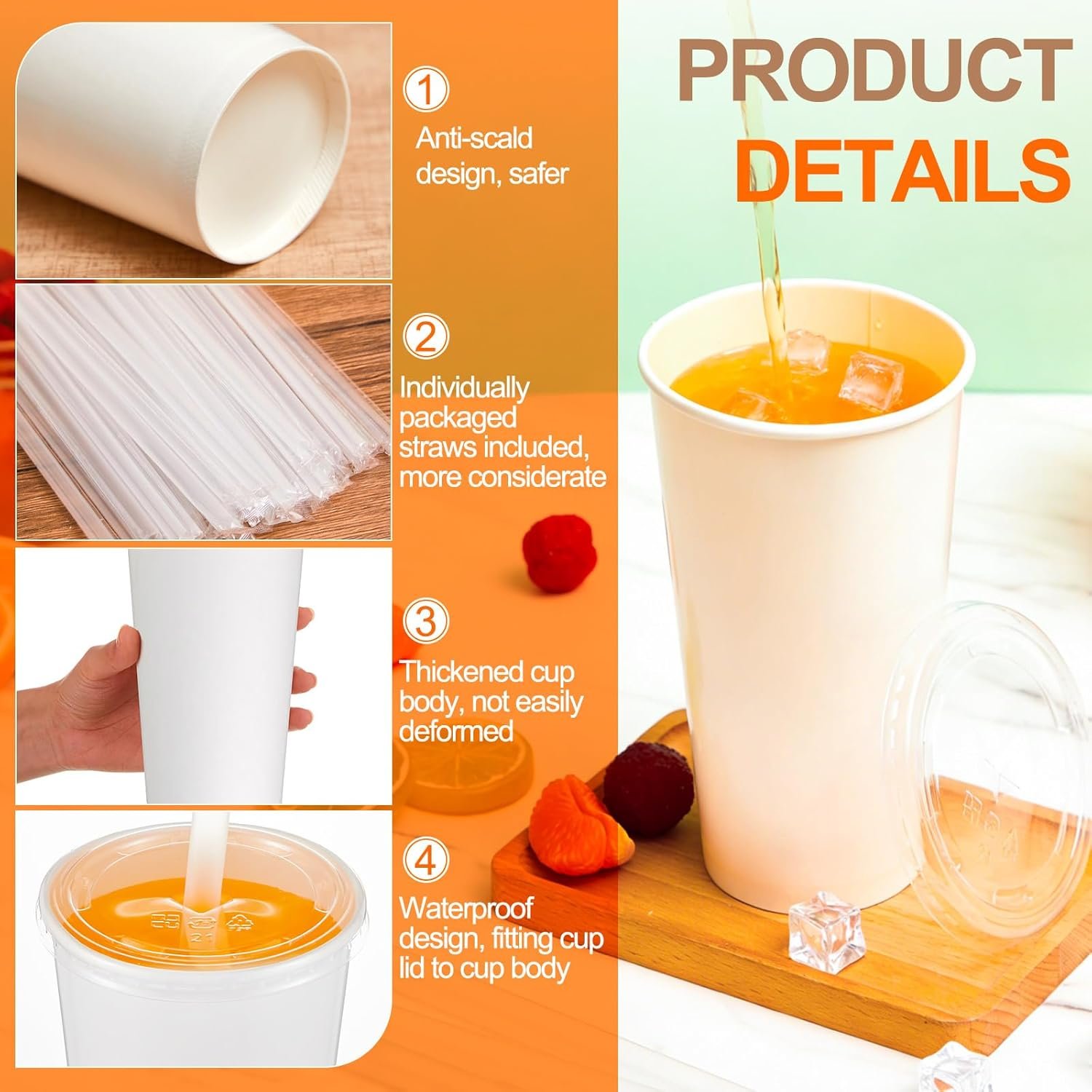 Tazas de papel desechables de 32 oz blancas con tapa y popotes, personalizadas con logo, ideales para bebidas frías, batidos, café helado y parfaits; proveedor confiable para tu marca blanca.