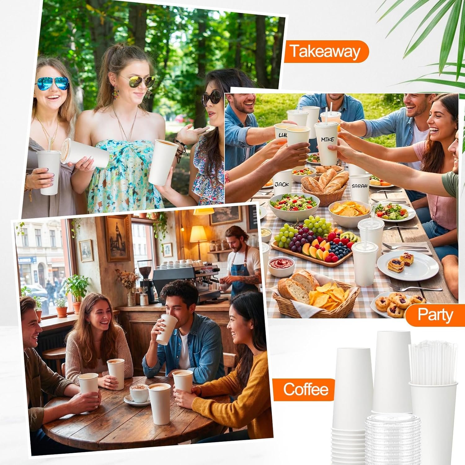 Tazas de papel desechables de 32 oz blancas con tapa y popotes, personalizadas con logo, ideales para bebidas frías, batidos, café helado y parfaits; proveedor confiable para tu marca blanca.