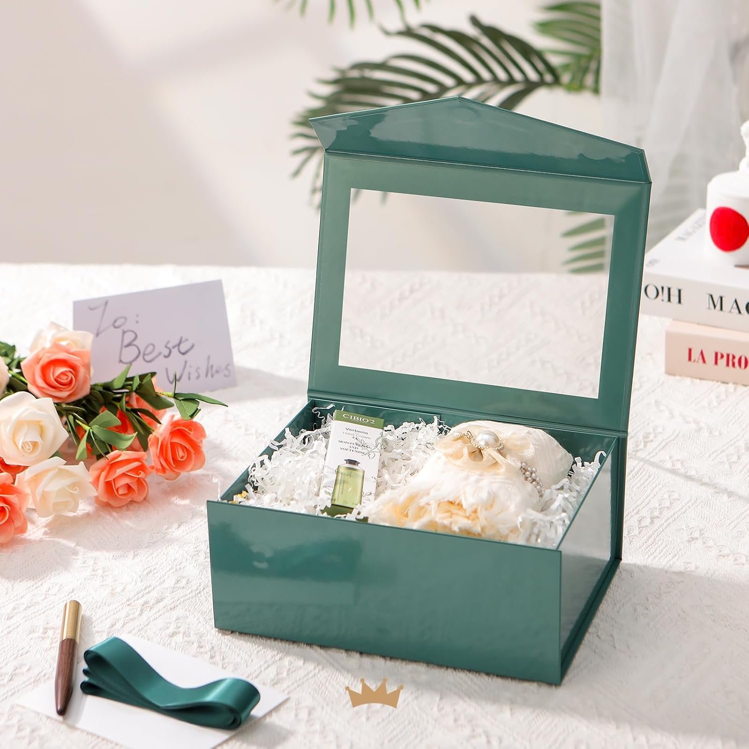 Caja de Regalo Verde con Ventana, 9x6.5x3.8 Pulgadas, Caja Transparente para Presentes con Cinta y Tarjeta, Propuesta de Padrino, Incluye Tapa Magnolia, Fábrica de Cajas Personalizadas con Logo y Marca Blanca.