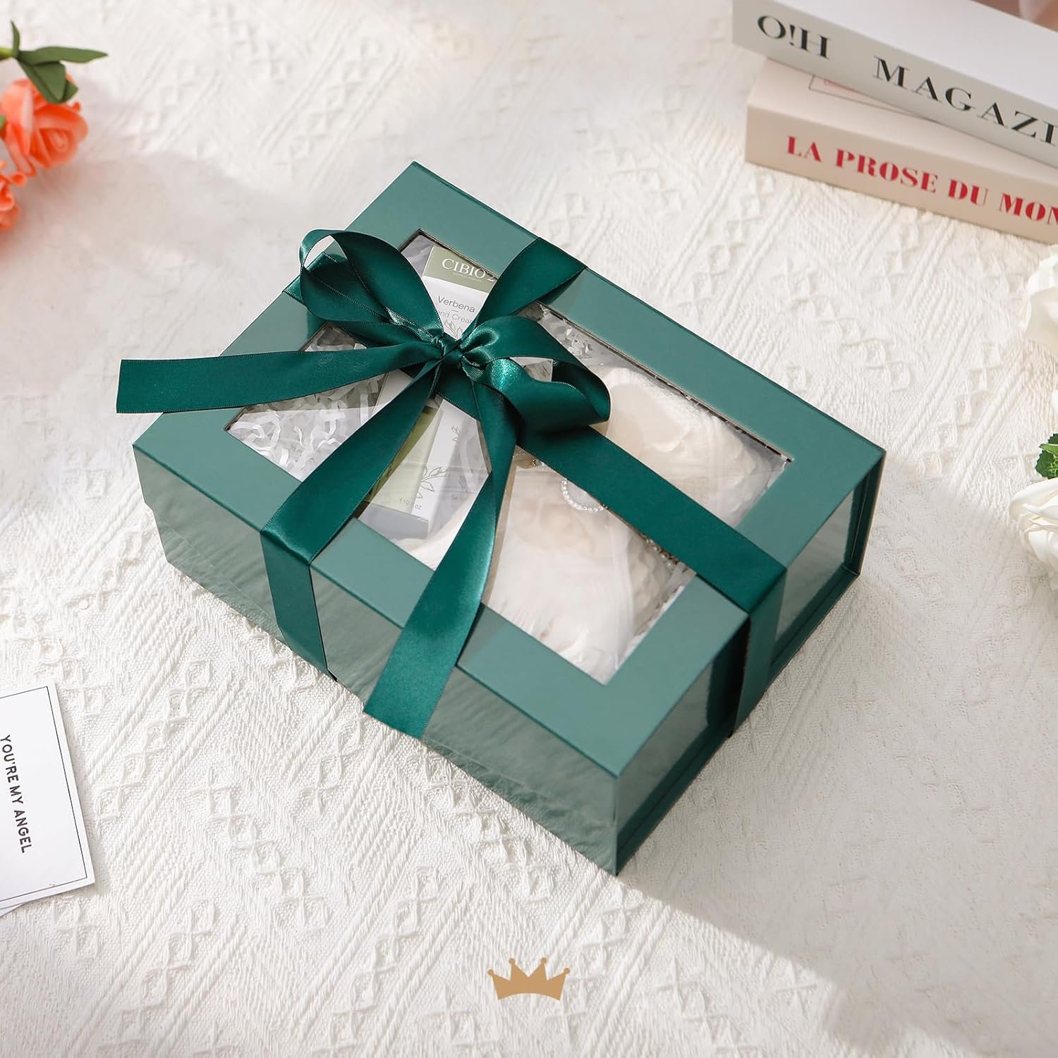 Caja de Regalo Verde con Ventana, 9x6.5x3.8 Pulgadas, Caja Transparente para Presentes con Cinta y Tarjeta, Propuesta de Padrino, Incluye Tapa Magnolia, Fábrica de Cajas Personalizadas con Logo y Marca Blanca.