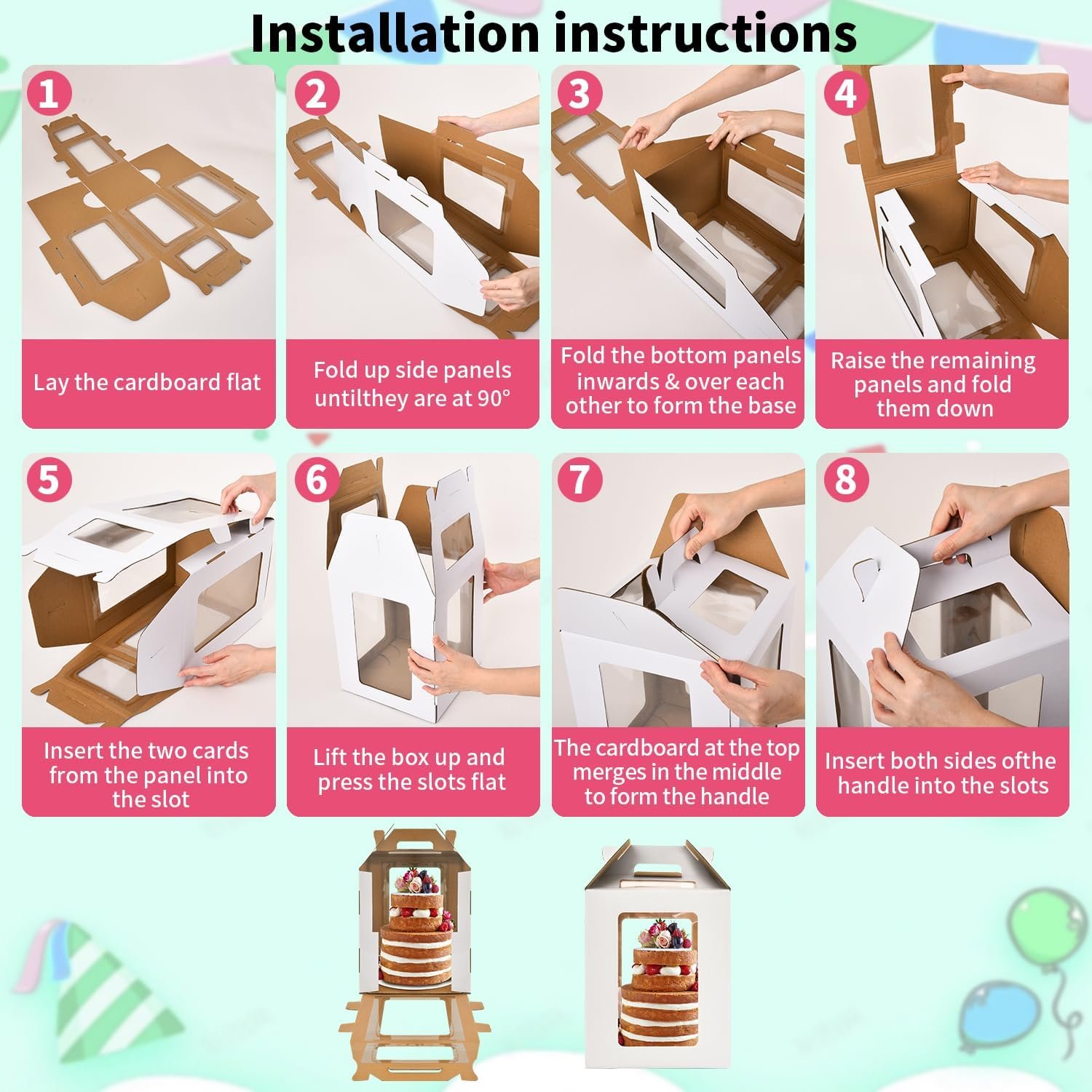 Logo Personalizado Cajas de Pasteles Altas de 10x10x10 Pulgadas con Ventanas, Transportador de Pasteles de 8 y 10 Pulgadas, Caja para Pasteles de Capas, Fábrica de Cajas para Pasteles Grandes (1 paquete), Marca Blanca Durable.