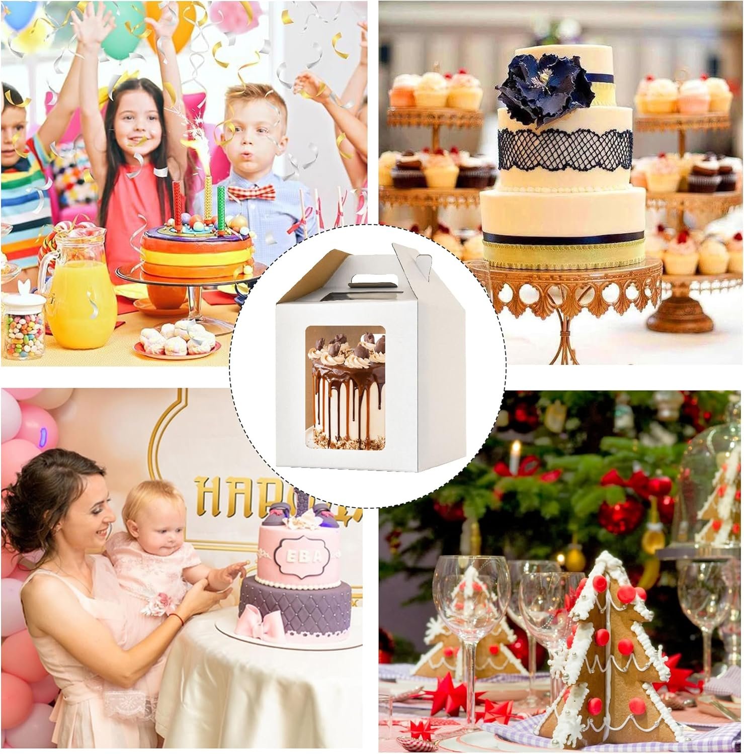 Logo Personalizado Cajas de Pasteles Altas de 10x10x10 Pulgadas con Ventanas, Transportador de Pasteles de 8 y 10 Pulgadas, Caja para Pasteles de Capas, Fábrica de Cajas para Pasteles Grandes (1 paquete), Marca Blanca Durable.