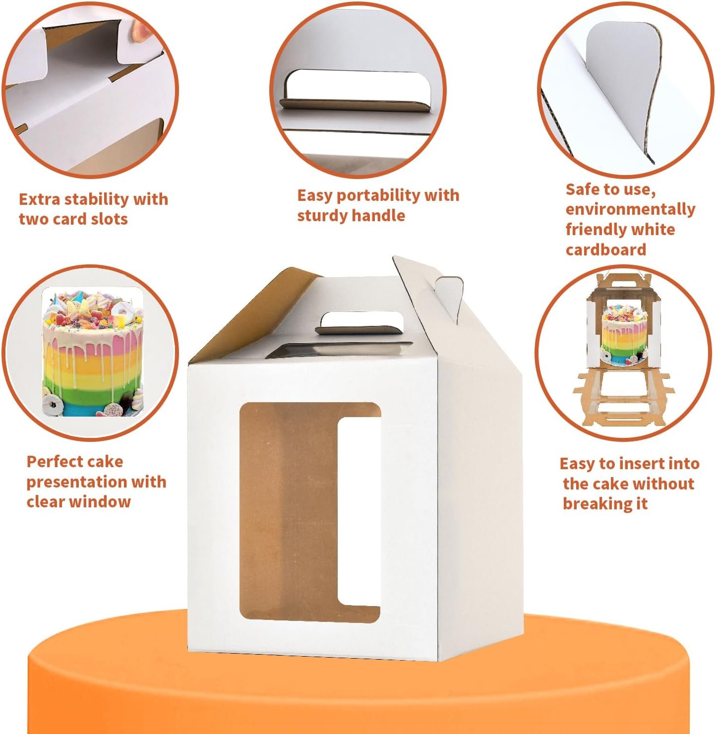 Logo Personalizado Cajas de Pasteles Altas de 10x10x10 Pulgadas con Ventanas, Transportador de Pasteles de 8 y 10 Pulgadas, Caja para Pasteles de Capas, Fábrica de Cajas para Pasteles Grandes (1 paquete), Marca Blanca Durable.