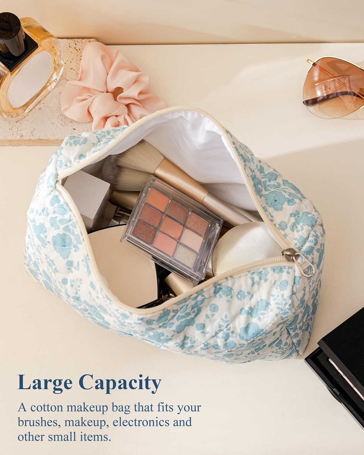 Bolsa de Maquillaje Acolchada Grande de Algodón con Logo Personalizado, Neceser de Viaje Floral Coqueta para Mujeres y Niñas, Fábrica Proveedor de Bolsas Cosméticas y de Aseo.