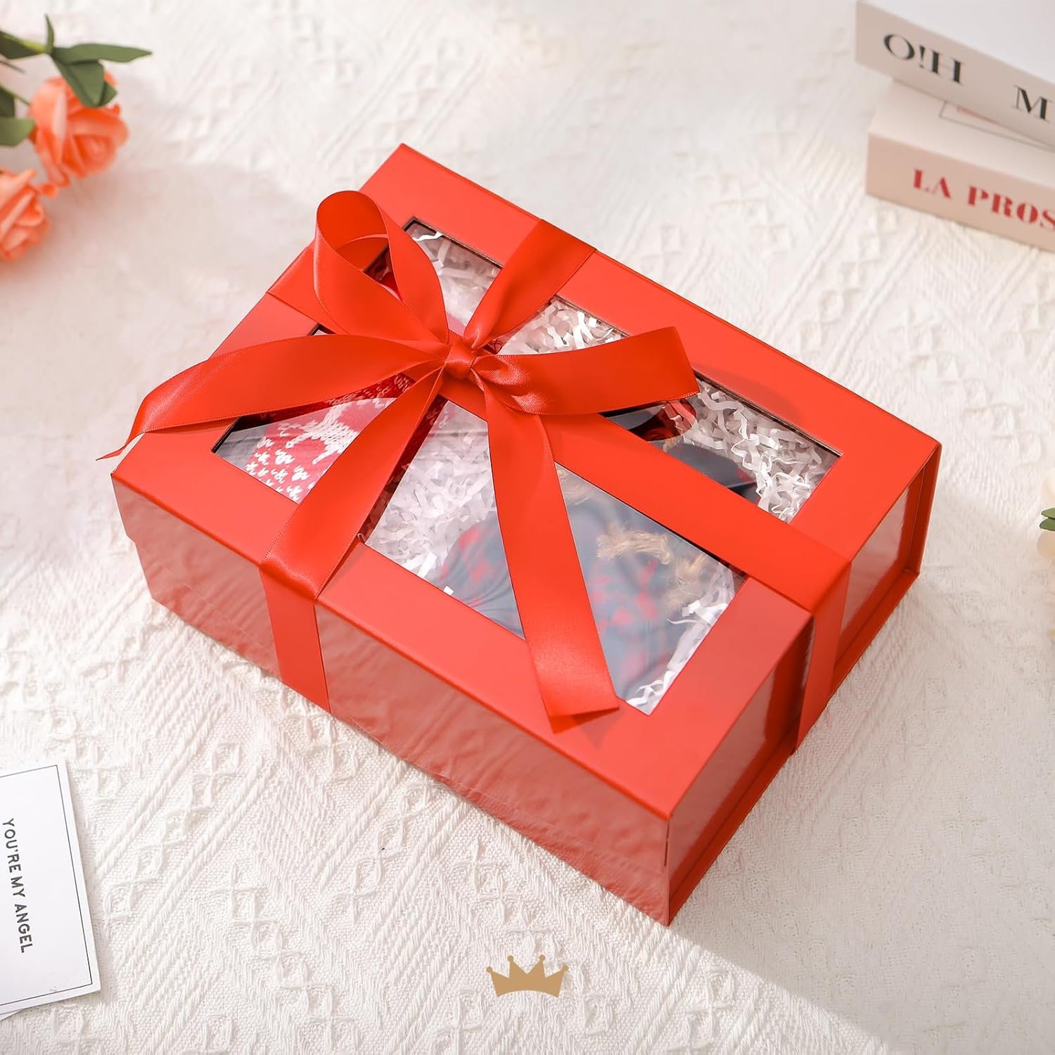 Caja de Regalo con Logo Personalizado, 5 Cajas Rojas con Ventanas, 9x6.5x3.8 Pulgadas, Perfectas para Ropa, Tarjetas, Propuestas de Damas de Honor y Regalos de Navidad con Tapa Magnética, Proveedor de Cajas de Regalo de Marca Blanca