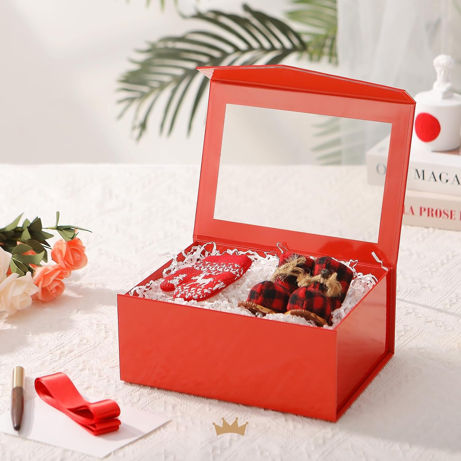 Caja de Regalo con Logo Personalizado, 5 Cajas Rojas con Ventanas, 9x6.5x3.8 Pulgadas, Perfectas para Ropa, Tarjetas, Propuestas de Damas de Honor y Regalos de Navidad con Tapa Magnética, Proveedor de Cajas de Regalo de Marca Blanca