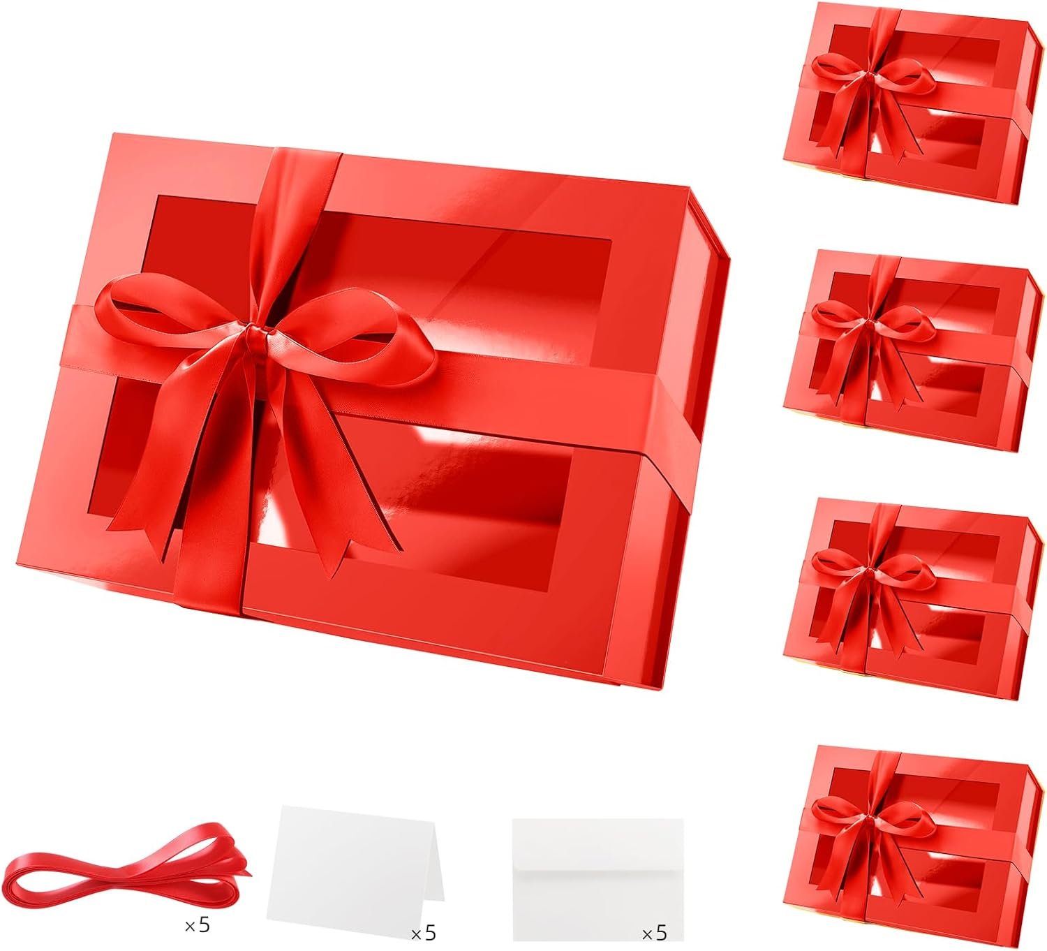 Caja de Regalo con Logo Personalizado, 5 Cajas Rojas con Ventanas, 9x6.5x3.8 Pulgadas, Perfectas para Ropa, Tarjetas, Propuestas de Damas de Honor y Regalos de Navidad con Tapa Magnética, Proveedor de Cajas de Regalo de Marca Blanca