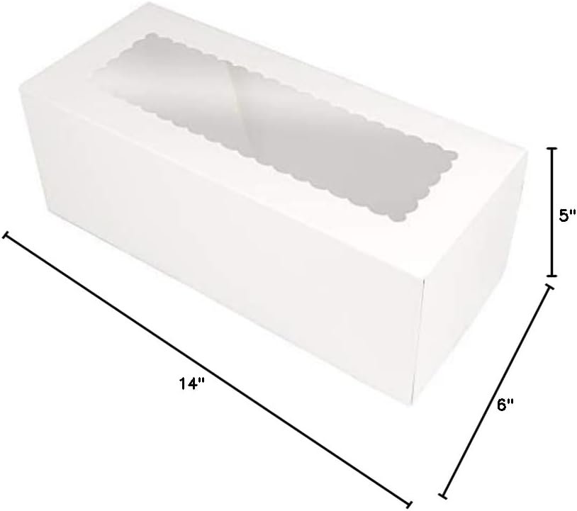 Caja de pastel rectangular blanca de 14 pulgadas x 6 pulgadas x 5 pulgadas de altura con ventana con bordes - Pack de 5 con logo personalizado, ideal para marca blanca de su proveedor.