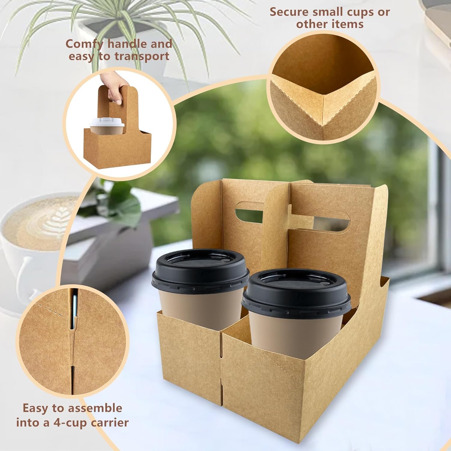 Portadores de bebidas desechables con logo personalizado, soporte para 2 o 4 tazas de papel kraft, fáciles de transportar y adecuados para bebidas calientes y frías, ideal para distribución por un fabricante.