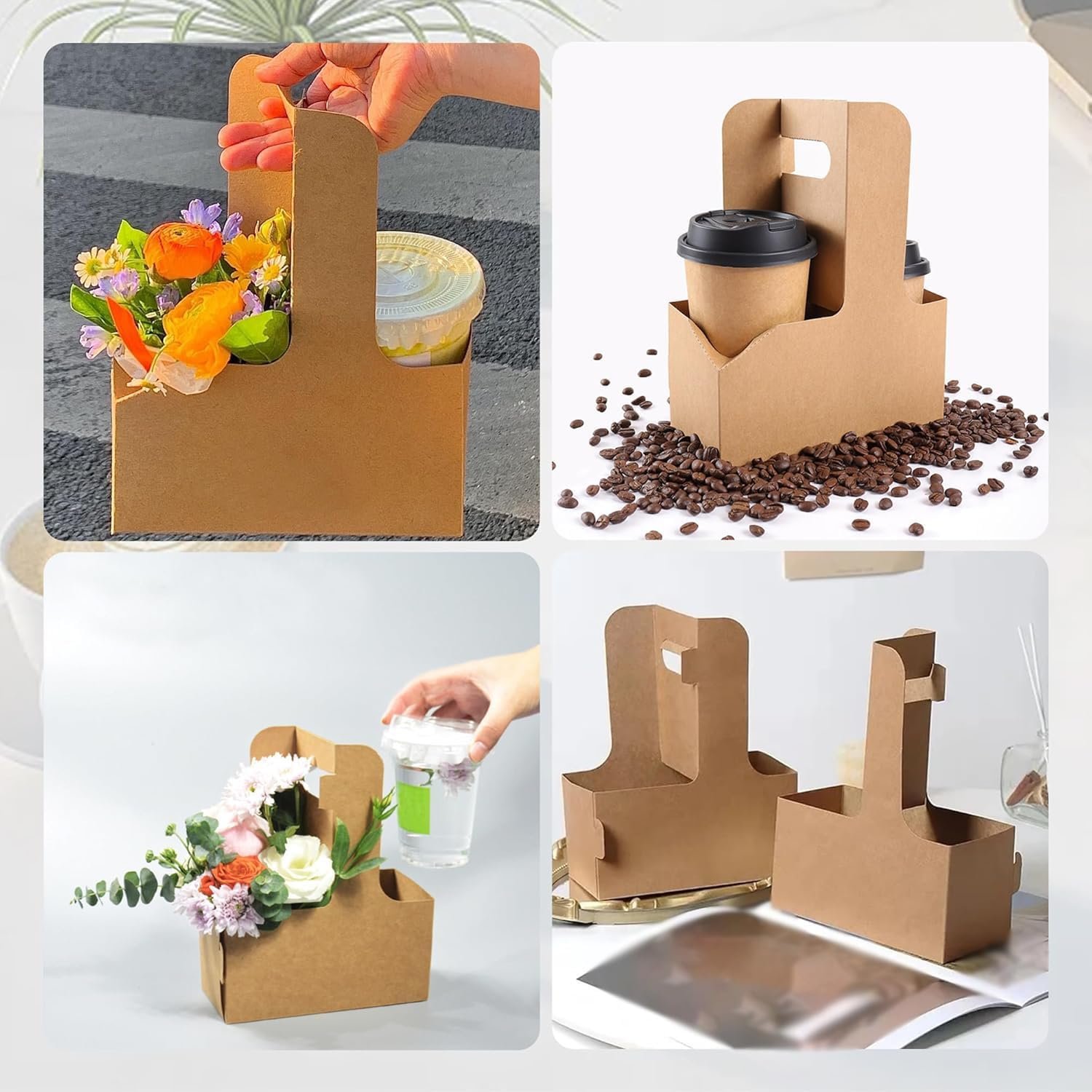 Portadores de bebidas desechables con logo personalizado, soporte para 2 o 4 tazas de papel kraft, fáciles de transportar y adecuados para bebidas calientes y frías, ideal para distribución por un fabricante.