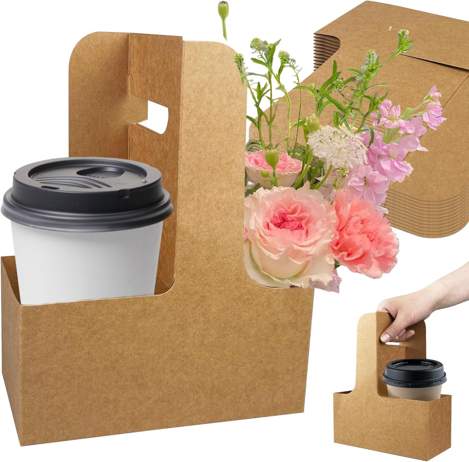 Portadores de bebidas desechables con logo personalizado, soporte para 2 o 4 tazas de papel kraft, fáciles de transportar y adecuados para bebidas calientes y frías, ideal para distribución por un fabricante.