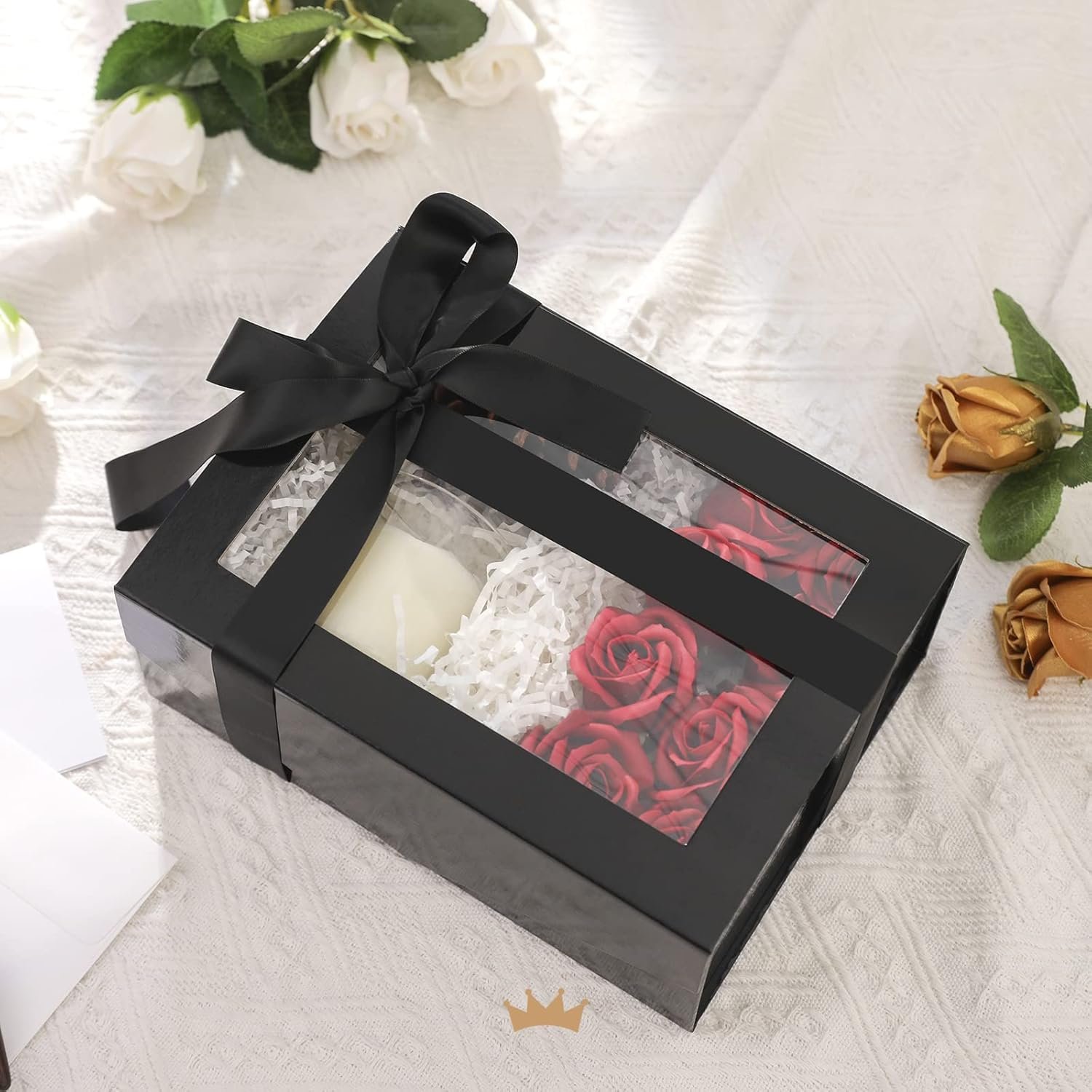 Cajas de regalo negras con ventanas, 9x6.5x3.8 pulgadas, ideales para regalos; personaliza tu logo en cajas de marca blanca con cintas y tarjetas, suministradas por nuestro fabricante.