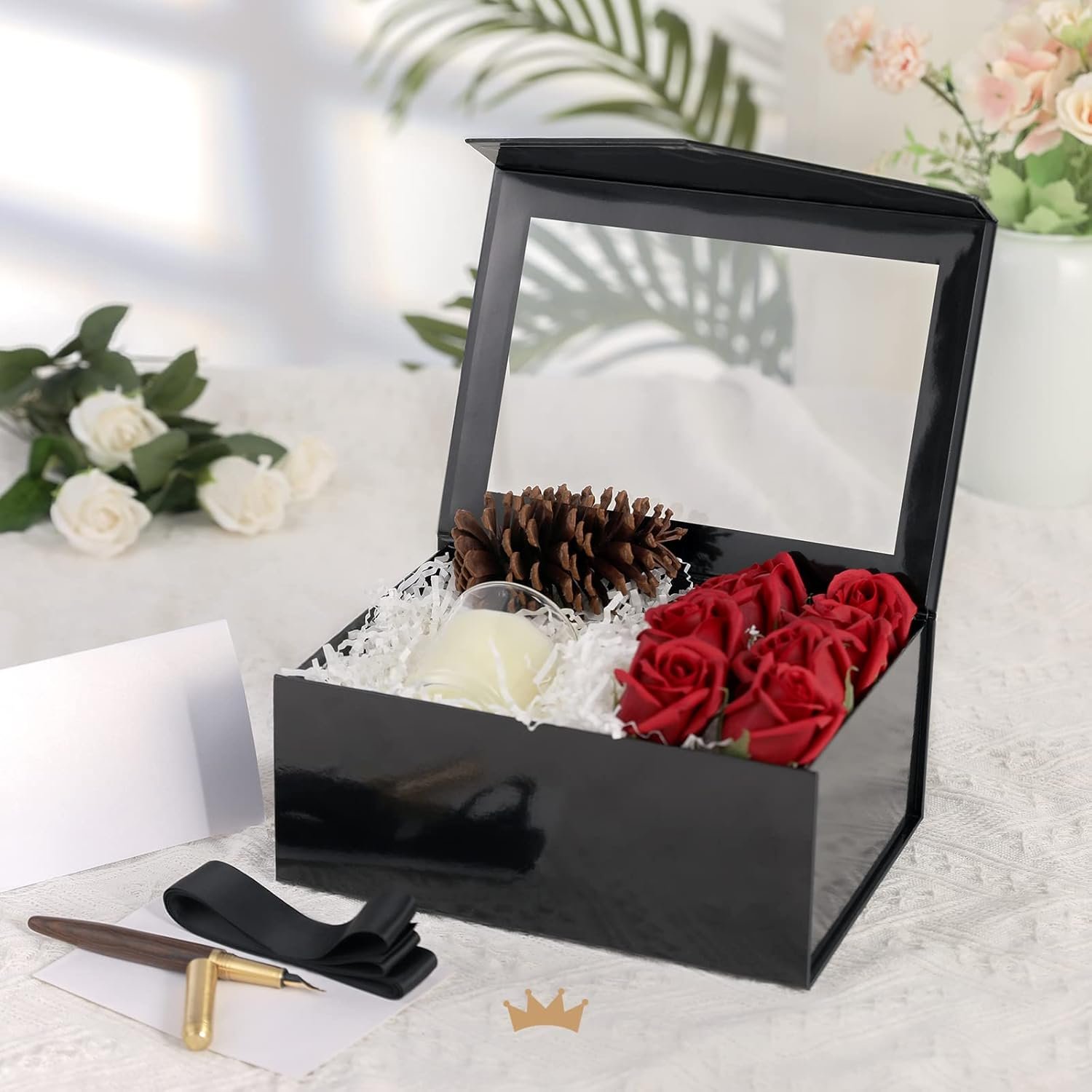 Cajas de regalo negras con ventanas, 9x6.5x3.8 pulgadas, ideales para regalos; personaliza tu logo en cajas de marca blanca con cintas y tarjetas, suministradas por nuestro fabricante.