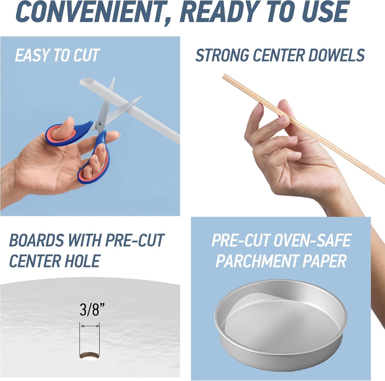 Tablero de tortas para marca blanca - Kit de niveles 10 pulgadas, 8 pulgadas y 6 pulgadas (5 piezas cada uno) con rondas de papel pergamino, espigas de madera y espigas de paja - Kit de apilamiento de rondas de cartón [130 piezas] de proveedor.