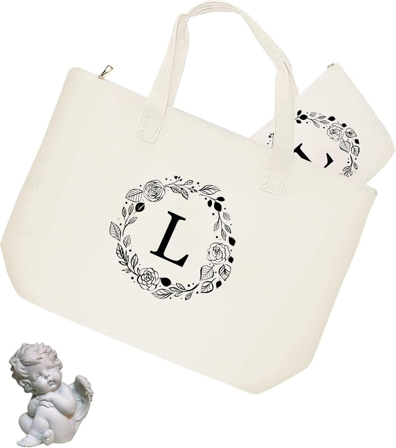 Bolsa de Lona Personalizada con Inicial y Cremallera, Tote Bag con Bolsillo Interior y Neceser, Ideal para Regalos a Mujeres, Mamás, Profesores, Amigos, Damas de Honor, Marca Blanca de Fábrica.