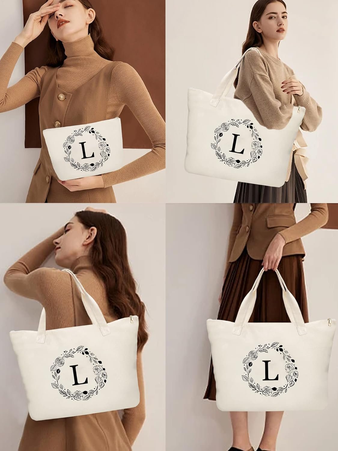 Bolsa de Lona Personalizada con Inicial y Cremallera, Tote Bag con Bolsillo Interior y Neceser, Ideal para Regalos a Mujeres, Mamás, Profesores, Amigos, Damas de Honor, Marca Blanca de Fábrica.