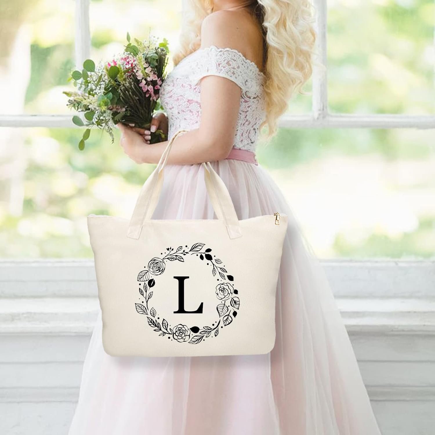 Bolsa de Lona Personalizada con Inicial y Cremallera, Tote Bag con Bolsillo Interior y Neceser, Ideal para Regalos a Mujeres, Mamás, Profesores, Amigos, Damas de Honor, Marca Blanca de Fábrica.