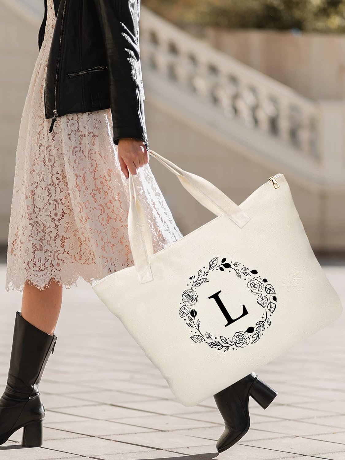 Bolsa de Lona Personalizada con Inicial y Cremallera, Tote Bag con Bolsillo Interior y Neceser, Ideal para Regalos a Mujeres, Mamás, Profesores, Amigos, Damas de Honor, Marca Blanca de Fábrica.