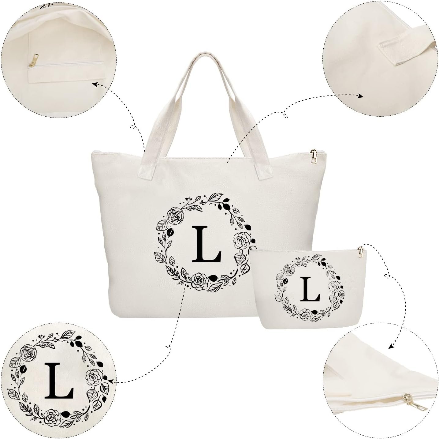 Bolsa de Lona Personalizada con Inicial y Cremallera, Tote Bag con Bolsillo Interior y Neceser, Ideal para Regalos a Mujeres, Mamás, Profesores, Amigos, Damas de Honor, Marca Blanca de Fábrica.