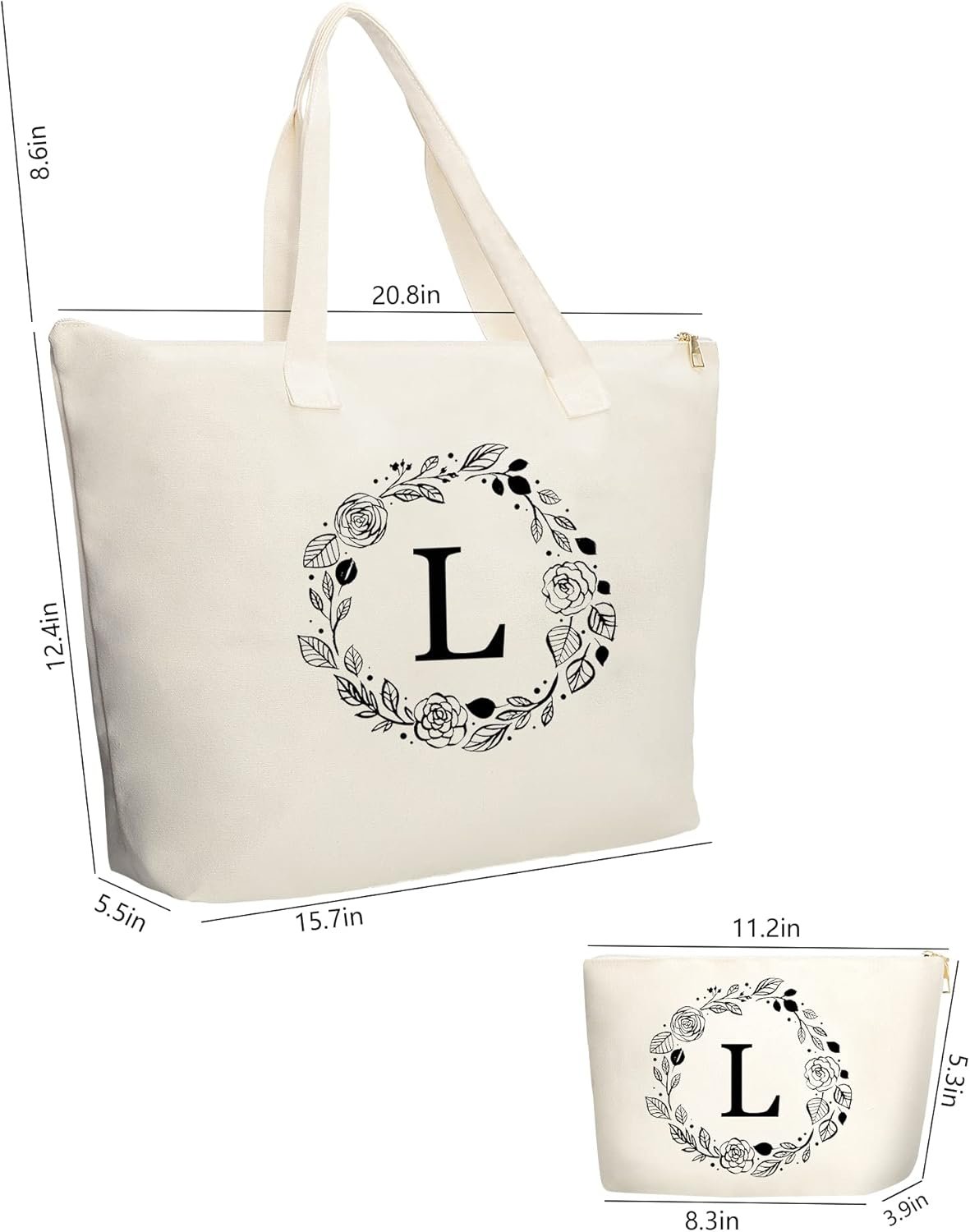Bolsa de Lona Personalizada con Inicial y Cremallera, Tote Bag con Bolsillo Interior y Neceser, Ideal para Regalos a Mujeres, Mamás, Profesores, Amigos, Damas de Honor, Marca Blanca de Fábrica.