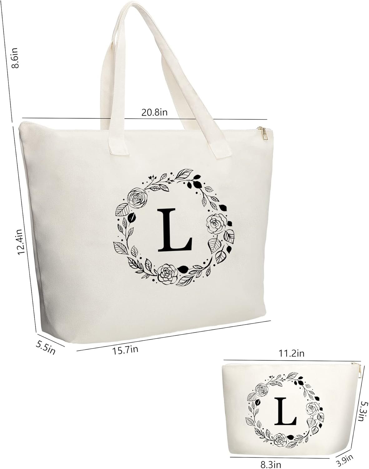 Bolsa de Lona Personalizada con Inicial y Cremallera, Tote Bag con Bolsillo Interior y Neceser, Ideal para Regalos a Mujeres, Mamás, Profesores, Amigos, Damas de Honor, Marca Blanca de Fábrica.