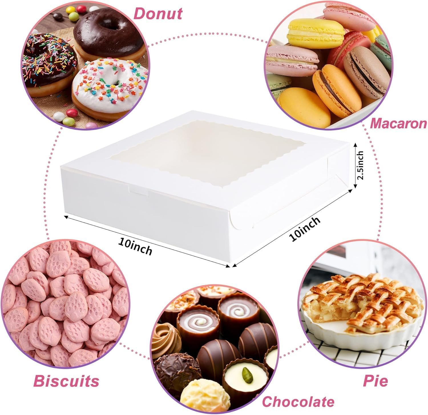 Caja de pastelería con ventana de 10x10x2.5 pulgadas, ideal para galletas, tartas, donuts, chocolates y muffins. Ofrecemos Marca Blanca para personalizar con tu Logo Personalizado, fabricadas en nuestra Fábrica.