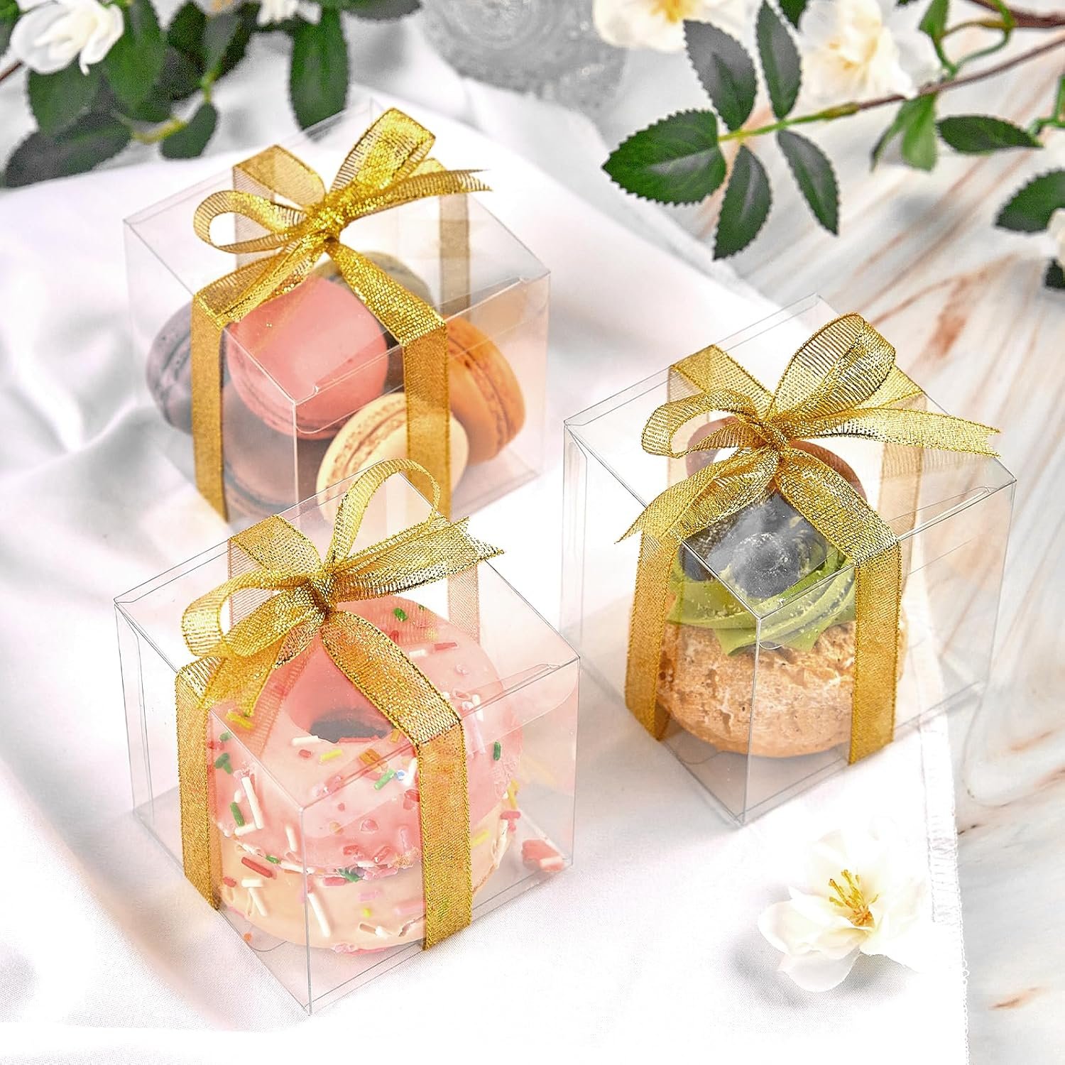Cajas de favor transparentes de 3x3x3 pulgadas con cintas doradas 30 PCS Packaging de regalo mini cube para fiestas, Logo Personalizado, regalos y golosinas, Proveedor.