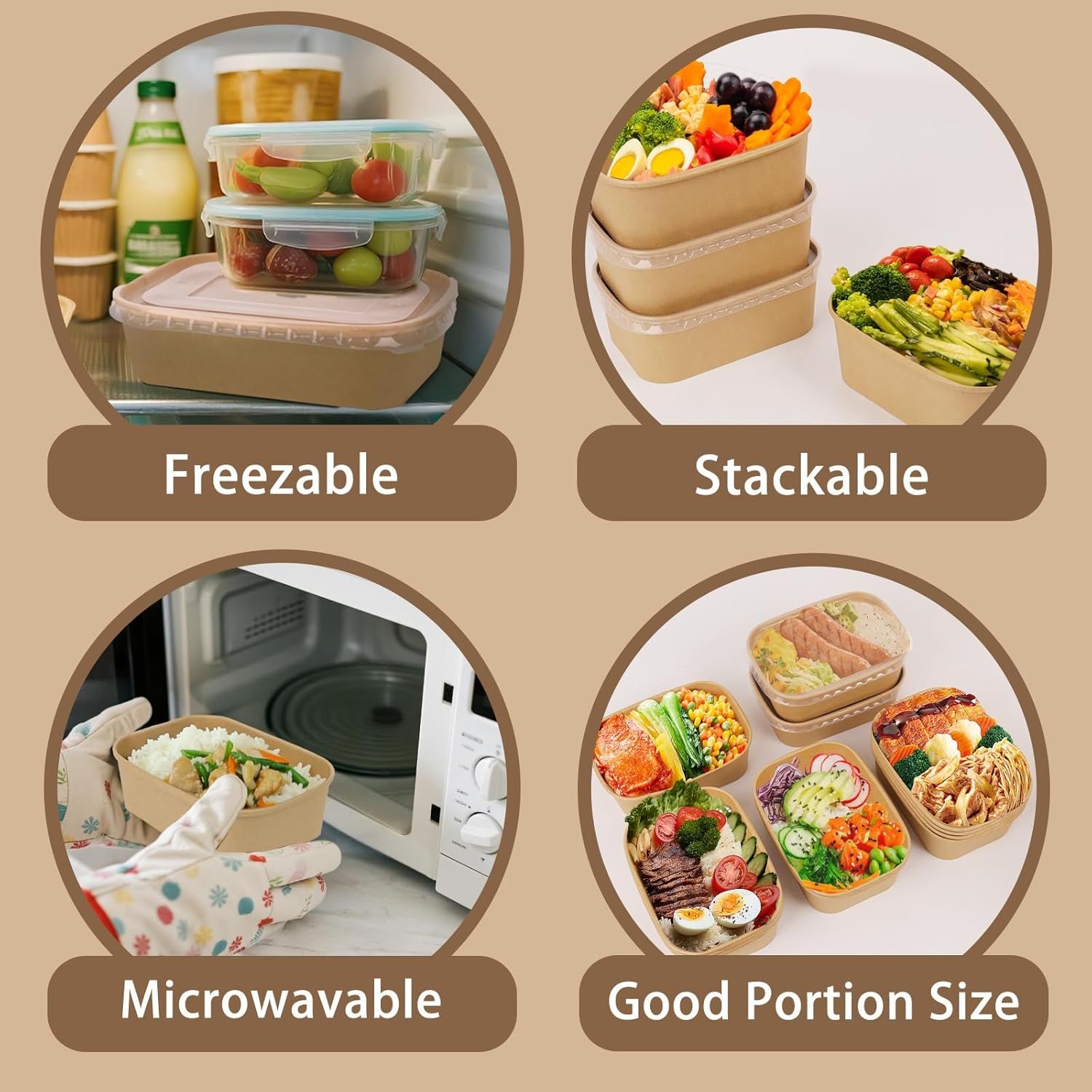 Logo Personalizado 50 Pack de recipientes de papel de 25 oz con tapa, bowls desechables grandes para preparación de comidas, uso en microondas y almacenamiento en el congelador, Fabricante de recipientes de cartón.