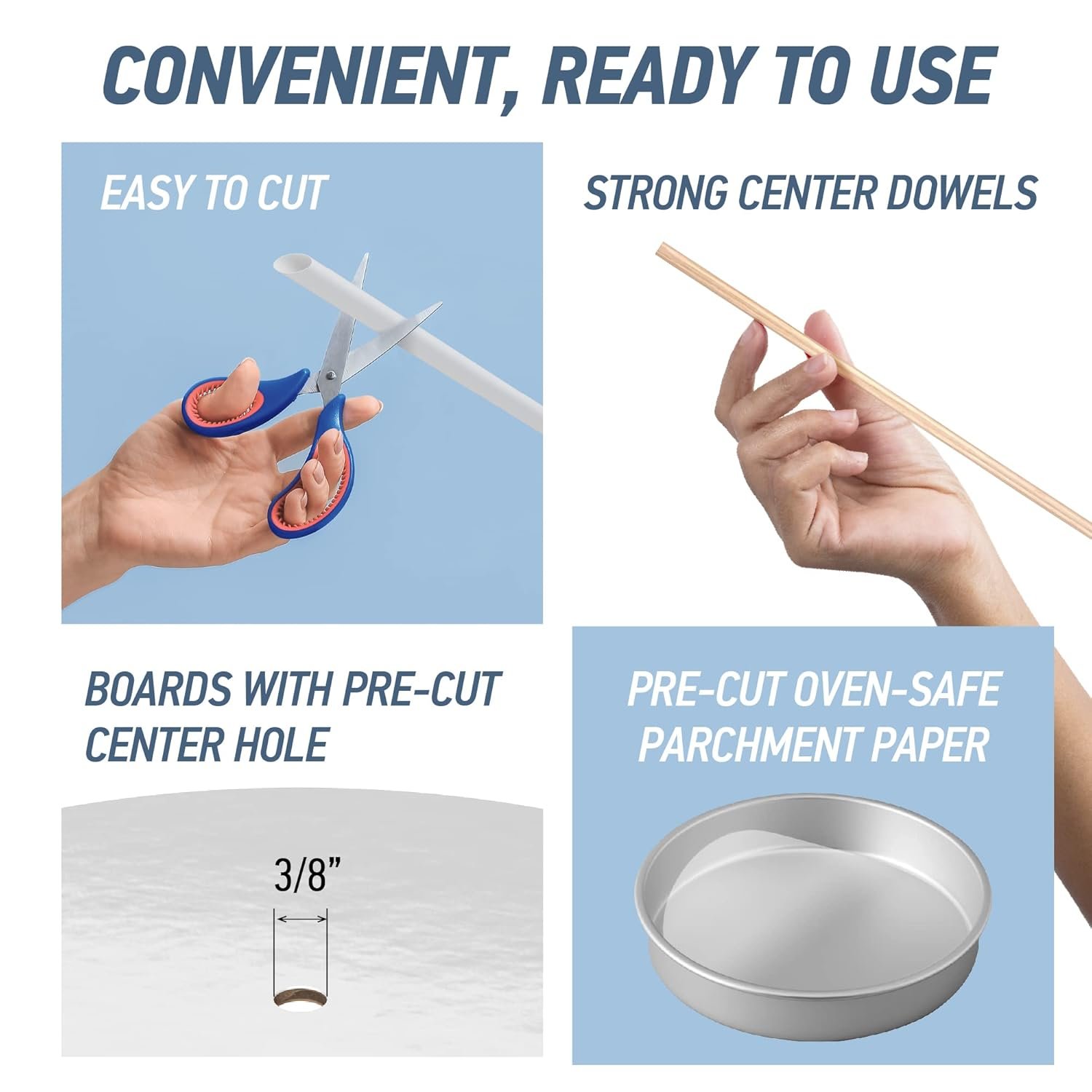 Kit de Apilamiento de Cartones para Pasteles con Logo Personalizado - Juego de Cartones de 12, 10, 8, 6 y 4 Pulgadas (5 Piezas Cada Uno) con Redondas de Papel Pergamino, Soportes de Madera y Varas de Paja - Ideal para Marca Blanca y Proveedor [215 Piezas]