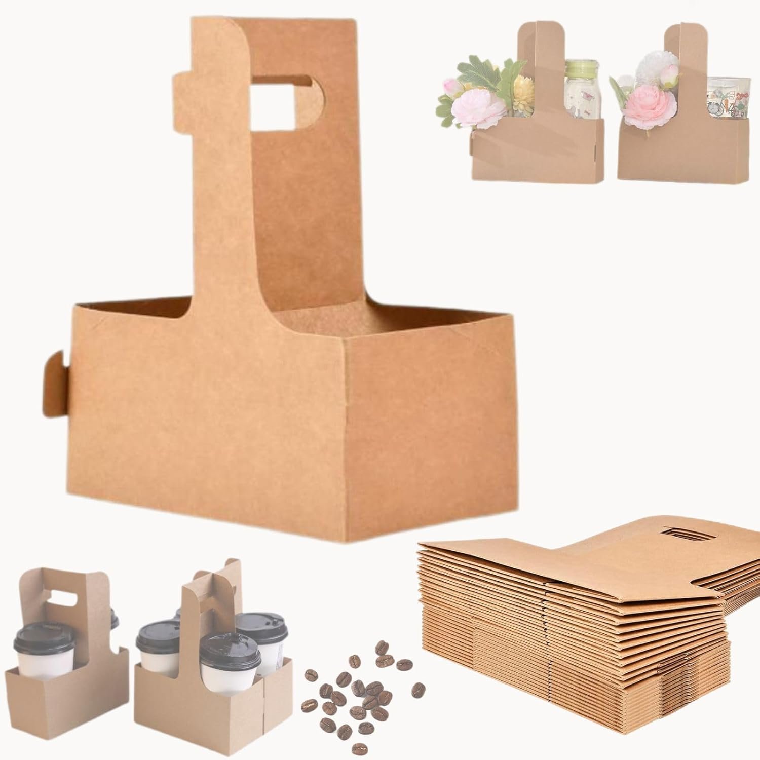 Logo Personalizado Porta Bebidas Desechable de 2 Tazas con Asas, soporte de cartón kraft para bebidas calientes o frías, ideal para entrega de alimentos con Marca Blanca, Fábrica de soluciones para servicios de entrega.