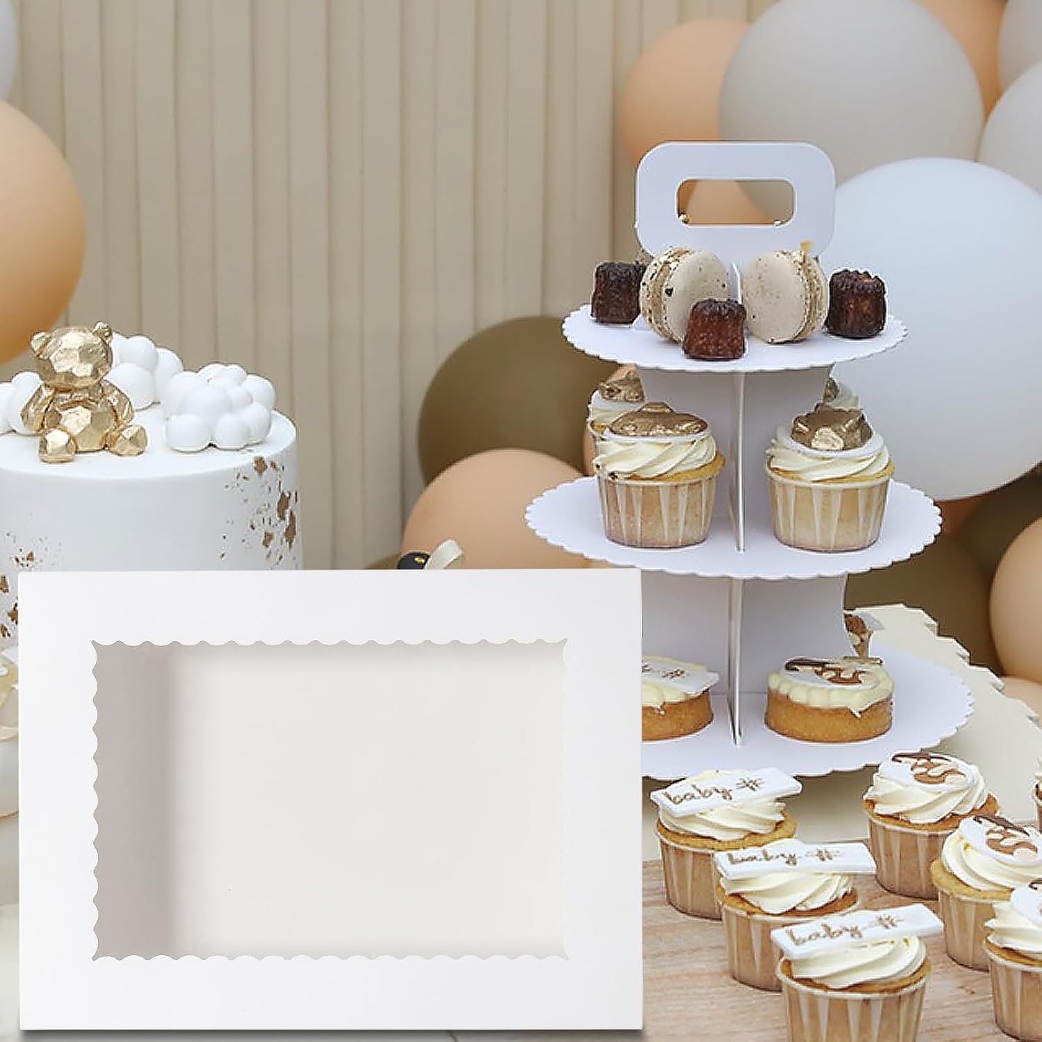 Cajas de pastel rectangulares grandes de 10 piezas 14x10x4 con ventana y 10 pcs de bases para pastel, ideal para la presentación de pasteles, cupcakes, donas, galletas y tartas. Marca blanca de alta calidad, disponible en nuestra fábrica. Personaliza tu logo para un atractivo adicional.