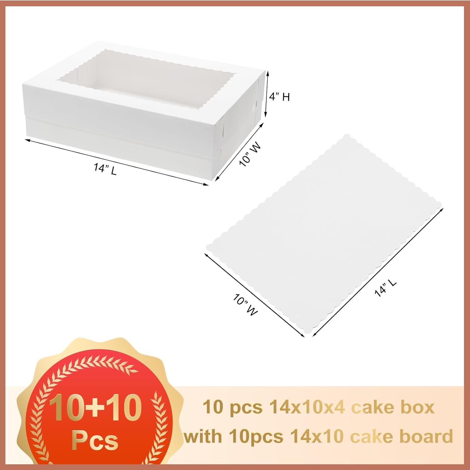 Cajas de pastel rectangulares grandes de 10 piezas 14x10x4 con ventana y 10 pcs de bases para pastel, ideal para la presentación de pasteles, cupcakes, donas, galletas y tartas. Marca blanca de alta calidad, disponible en nuestra fábrica. Personaliza tu logo para un atractivo adicional.
