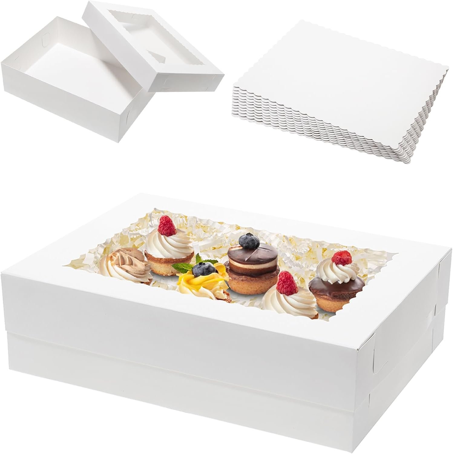 Cajas de pastel rectangulares grandes de 10 piezas 14x10x4 con ventana y 10 pcs de bases para pastel, ideal para la presentación de pasteles, cupcakes, donas, galletas y tartas. Marca blanca de alta calidad, disponible en nuestra fábrica. Personaliza tu logo para un atractivo adicional.