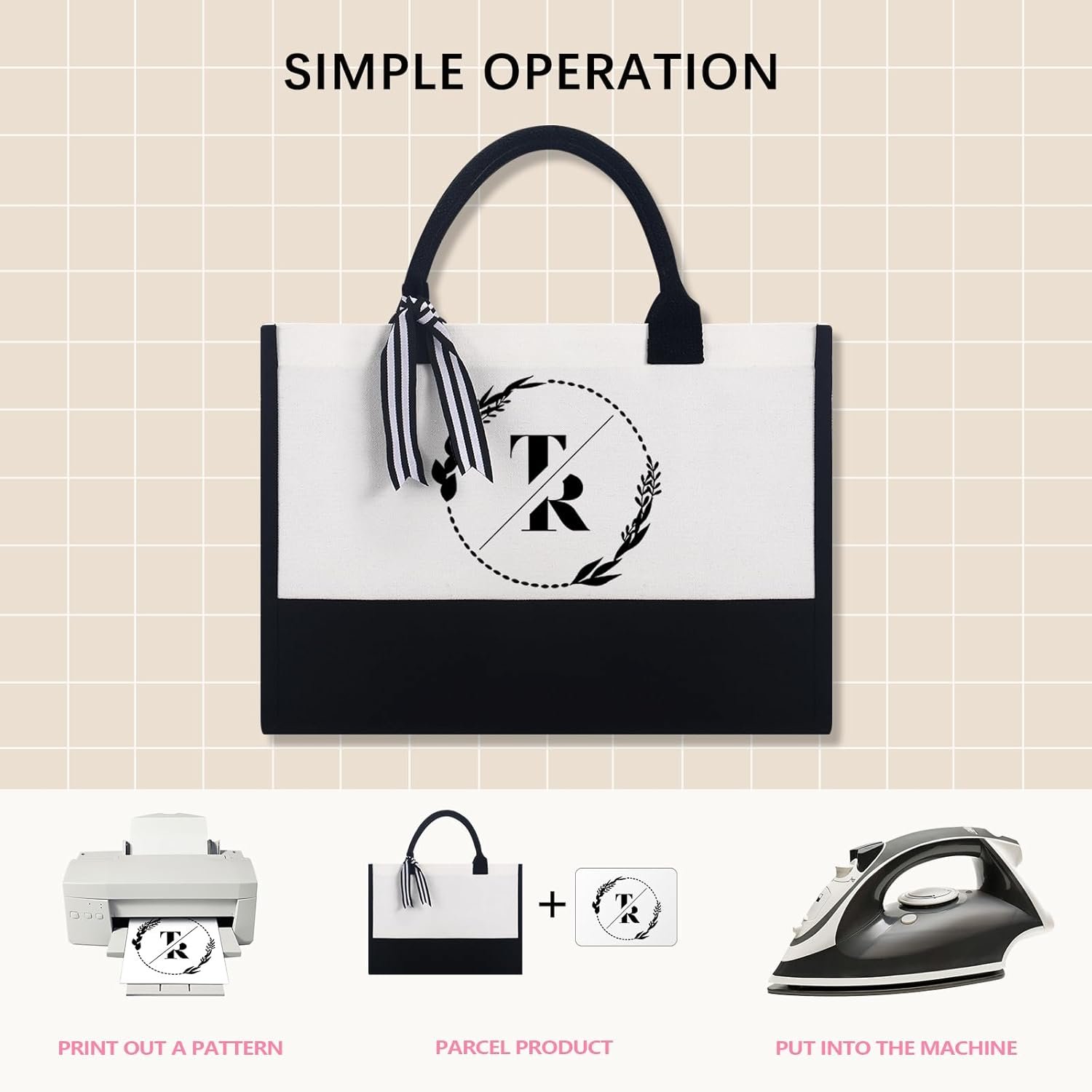 Bolsa tote de lienzo clásica personalizada con logo personalizado (blanco y negro), bolsillo interior con zipper, tote de supermercado, regalo DIY para bodas, cumpleaños, playa, regalos perfectos para mujeres, madres, maestros, amigos, fabricada por proveedor.