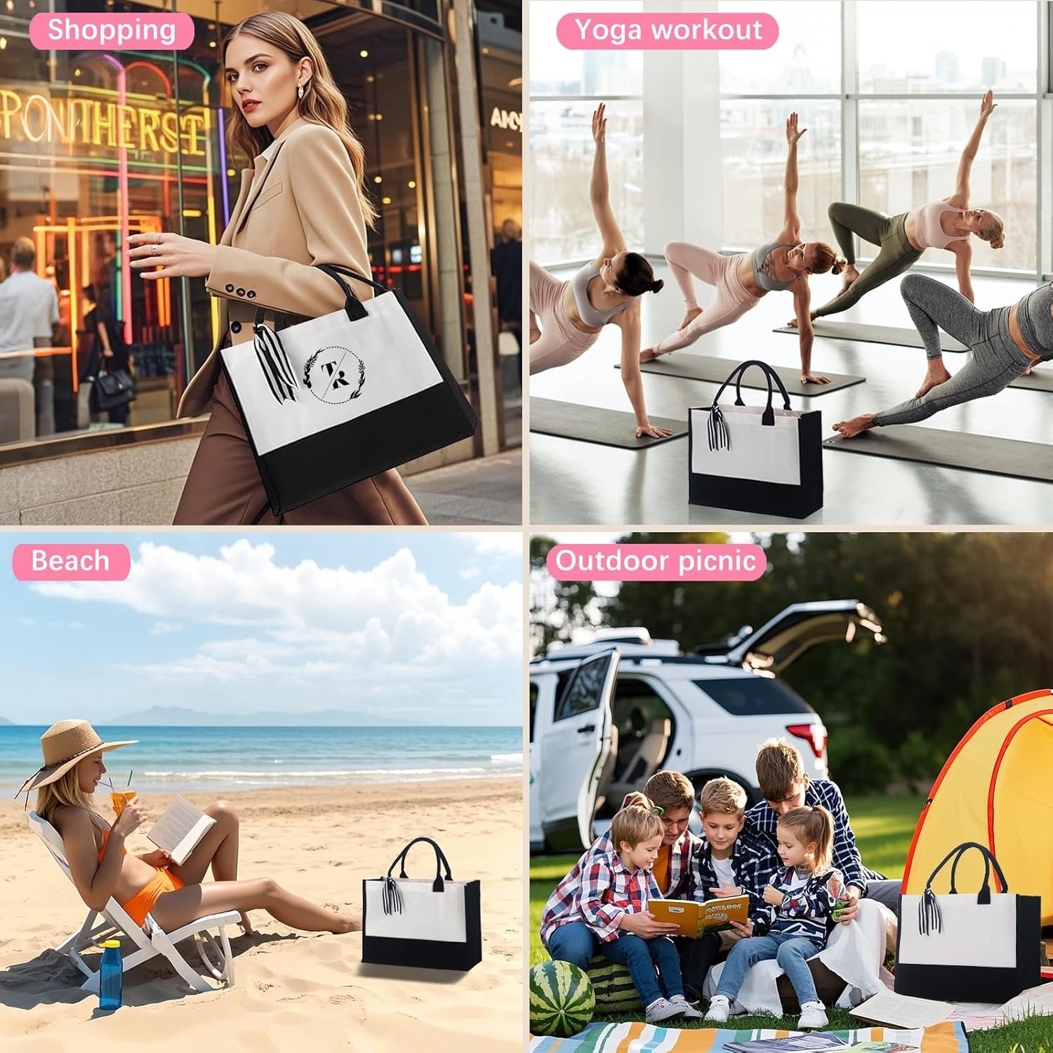Bolsa tote de lienzo clásica personalizada con logo personalizado (blanco y negro), bolsillo interior con zipper, tote de supermercado, regalo DIY para bodas, cumpleaños, playa, regalos perfectos para mujeres, madres, maestros, amigos, fabricada por proveedor.