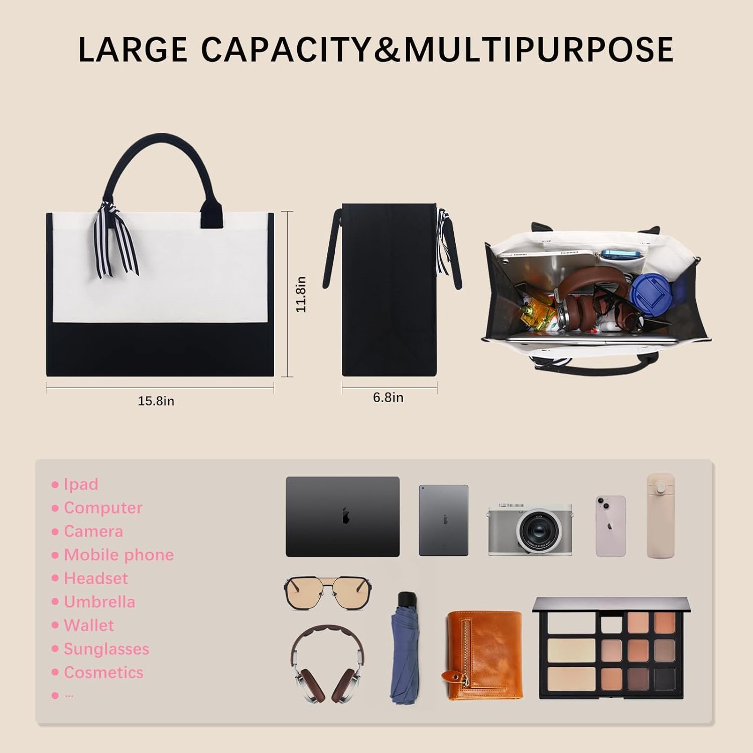 Bolsa tote de lienzo clásica personalizada con logo personalizado (blanco y negro), bolsillo interior con zipper, tote de supermercado, regalo DIY para bodas, cumpleaños, playa, regalos perfectos para mujeres, madres, maestros, amigos, fabricada por proveedor.