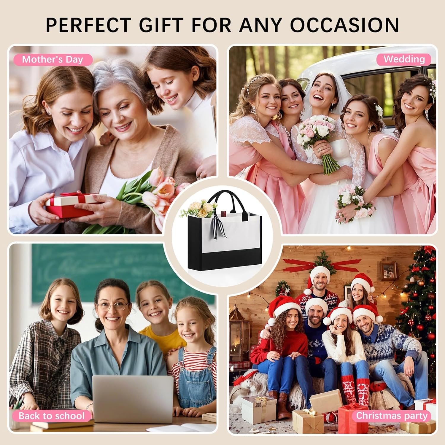 Bolsa tote de lienzo clásica personalizada con logo personalizado (blanco y negro), bolsillo interior con zipper, tote de supermercado, regalo DIY para bodas, cumpleaños, playa, regalos perfectos para mujeres, madres, maestros, amigos, fabricada por proveedor.