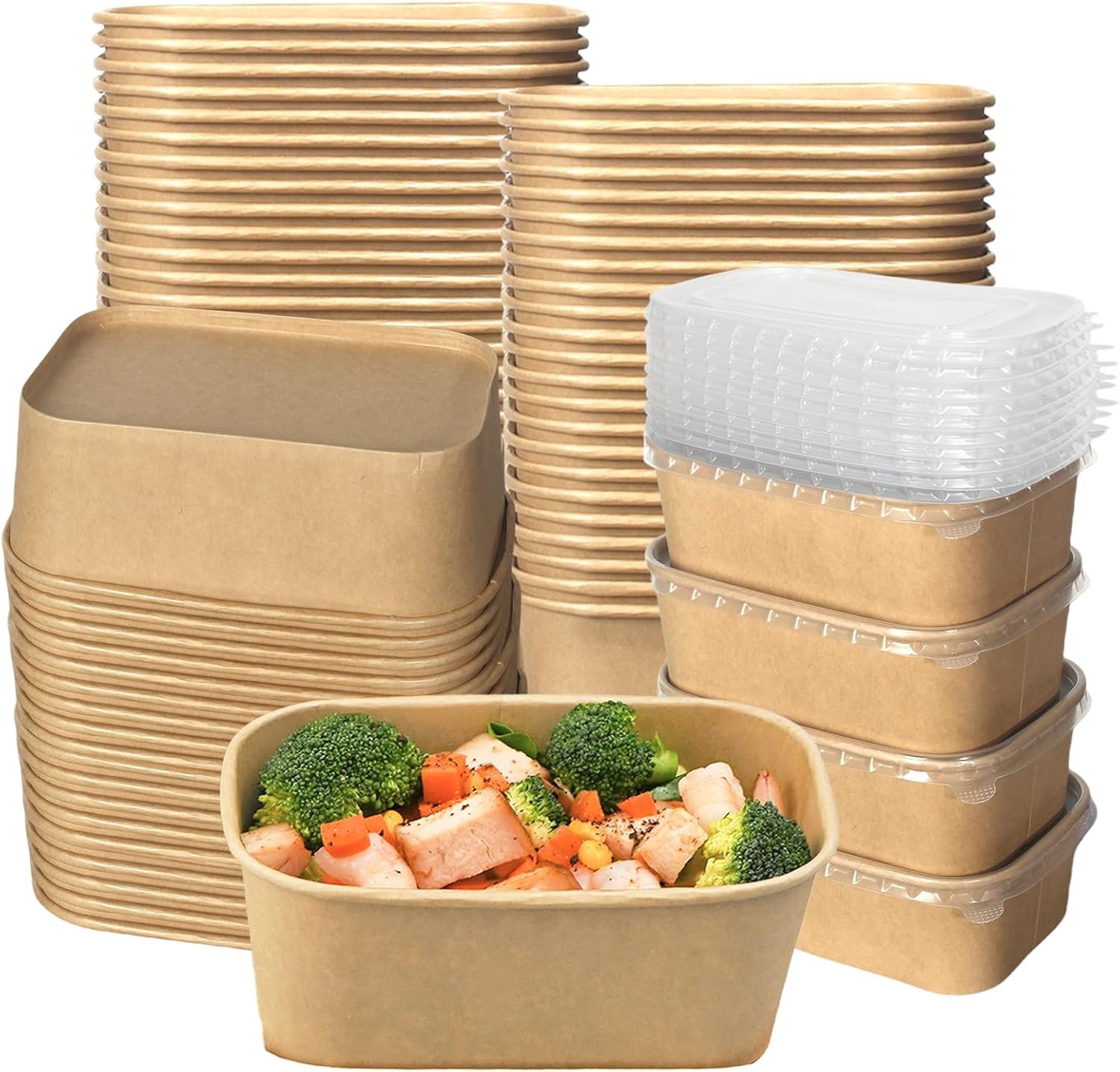 Logo Personalizado 50 Pack de Envases de Papel Kraft para Alimentos, Cuencos Desechables de Ensalada de 25 OZ con Tapa, Bowls Rectangulares a Prueba de Aceite para Preparar Comidas y Llevado a Casa, Proveedor Fidedigno.