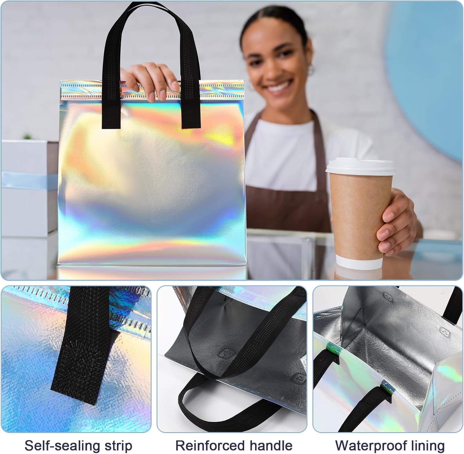 Bolsas Térmicas Personalizadas con Logo para Entregas de Comida, 100 Pcs de Bolsas Aislantes Holográficas para Comida Caliente y Fría, Proveedor de Soluciones para Catering y Restaurantes.