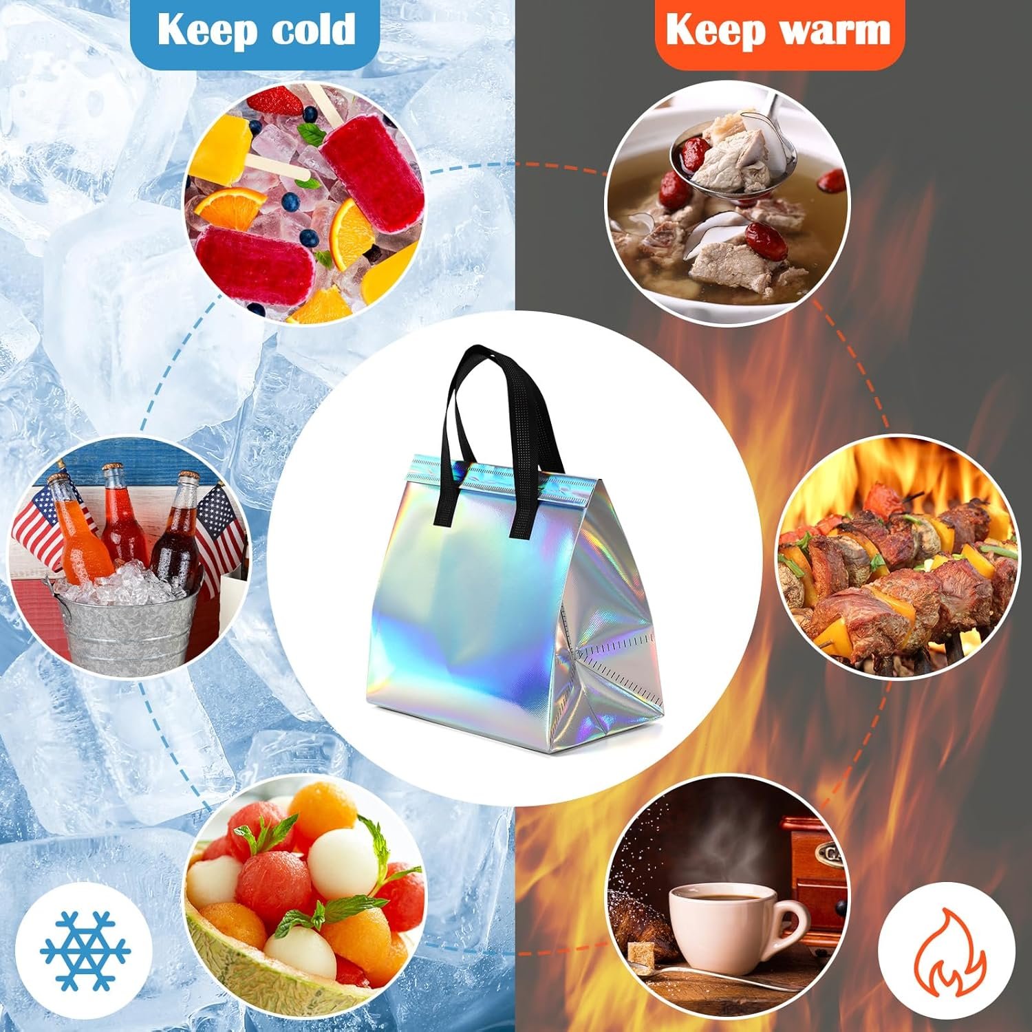 Bolsas Térmicas Personalizadas con Logo para Entregas de Comida, 100 Pcs de Bolsas Aislantes Holográficas para Comida Caliente y Fría, Proveedor de Soluciones para Catering y Restaurantes.