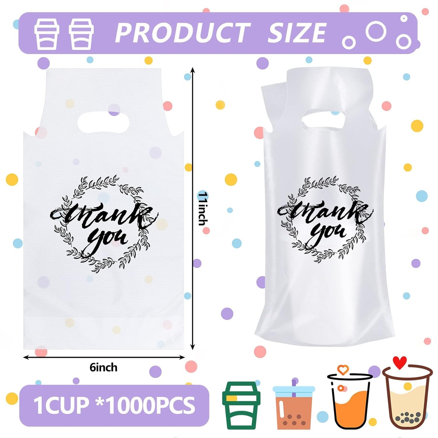 Bolsas de plástico portadoras de bebidas para entrega, con asa transparente y gracias, capacidad para 1 taza, ideales para café, té, jugos. Fábrica de bolsas personalizadas con logo y marca blanca.