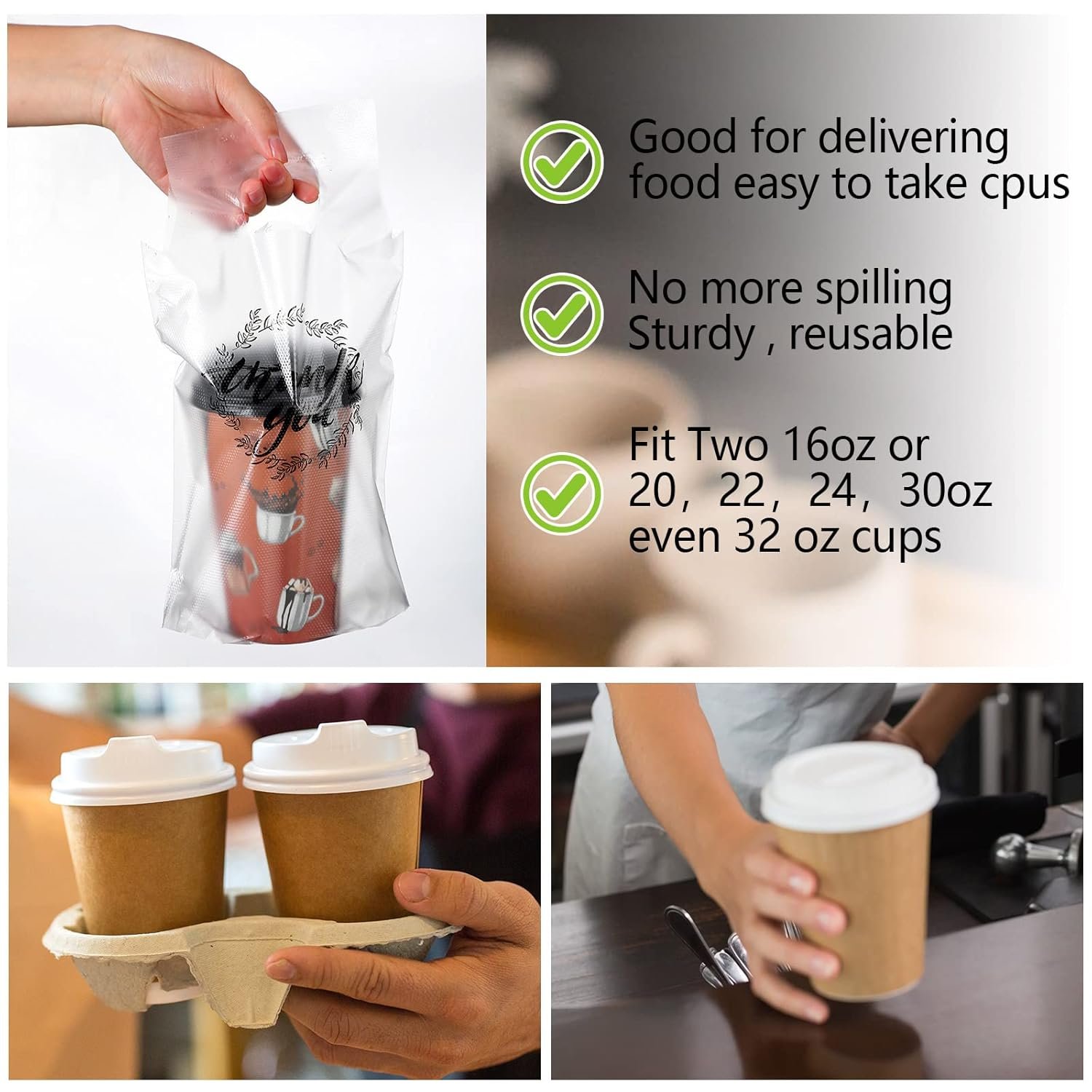 Bolsas de plástico portadoras de bebidas para entrega, con asa transparente y gracias, capacidad para 1 taza, ideales para café, té, jugos. Fábrica de bolsas personalizadas con logo y marca blanca.