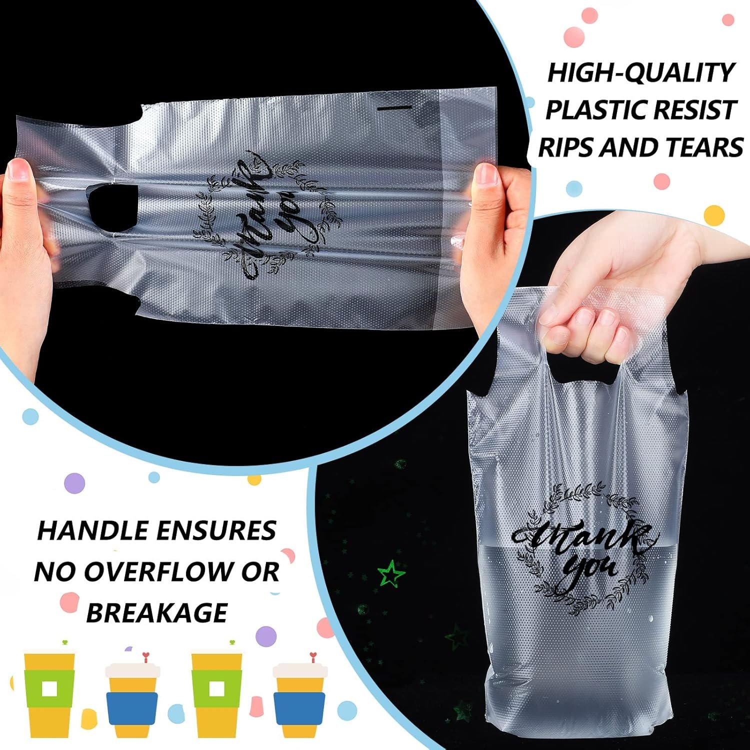 Bolsas de plástico portadoras de bebidas para entrega, con asa transparente y gracias, capacidad para 1 taza, ideales para café, té, jugos. Fábrica de bolsas personalizadas con logo y marca blanca.
