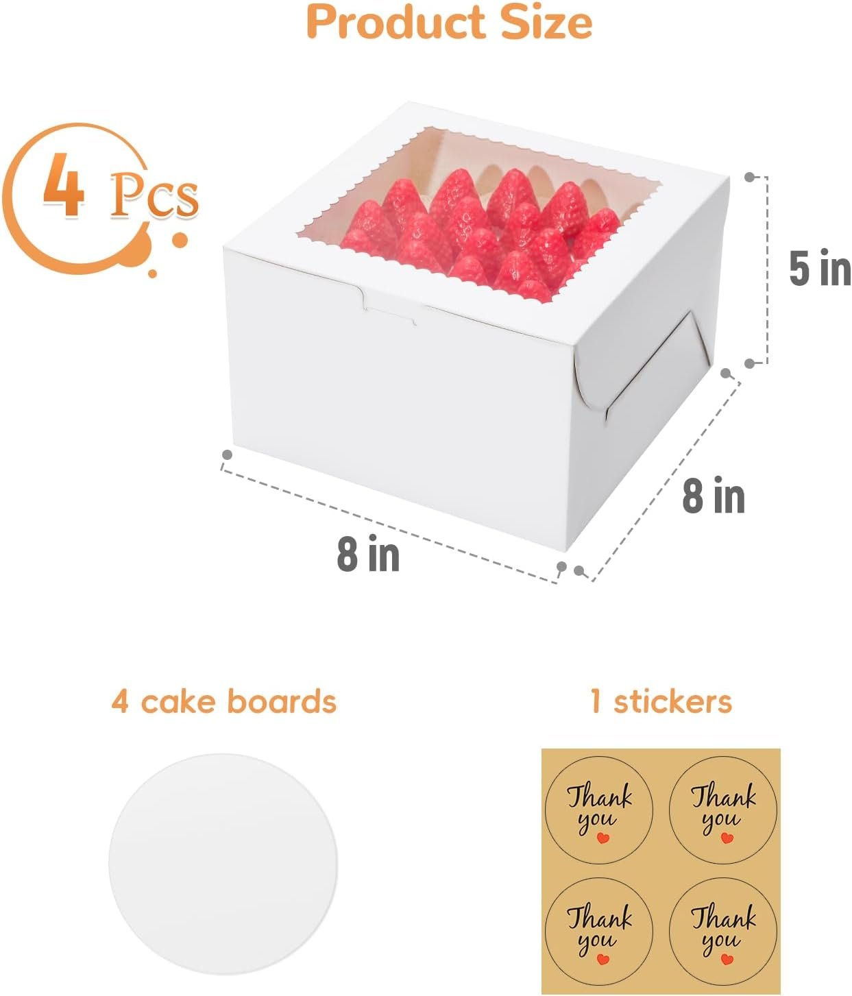 Cajas de pastel pequeñas de 8 pulgadas con ventana, 4 unidades de cajas de repostería con bases para pastel y etiquetas personalizadas, caja para cupcakes ideal para cumpleaños, fiestas, bodas, Día de la Madre, Día de San Valentín y Navidad. Fábrica de soluciones para marca blanca.