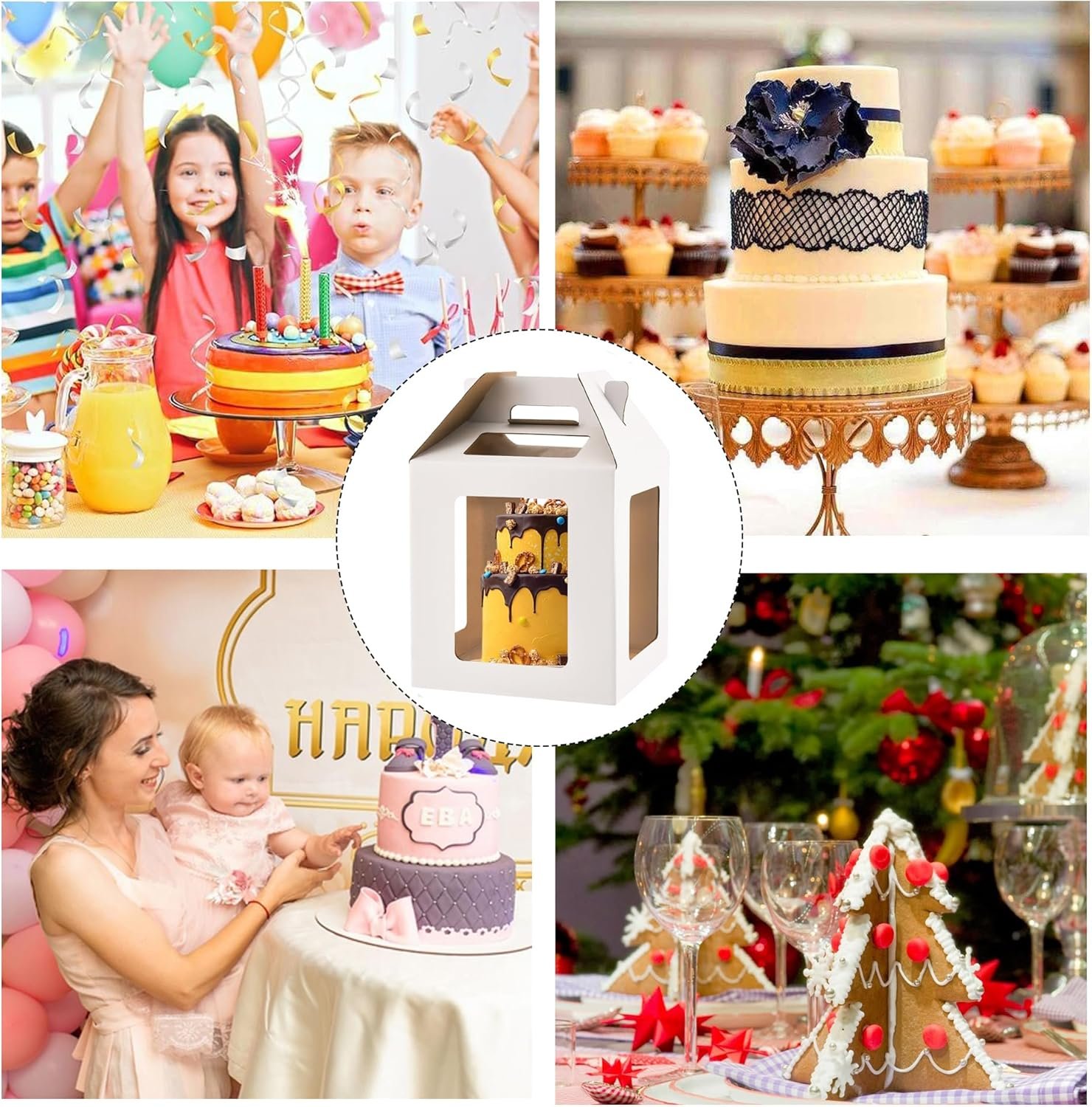 Caja de Pasteles Alta con 6 Ventanas y Asa, Transportador de Pasteles de 12x12x12 para Tortas de Niveles, Caja Cuadrada Ideal para Pasteles de 10